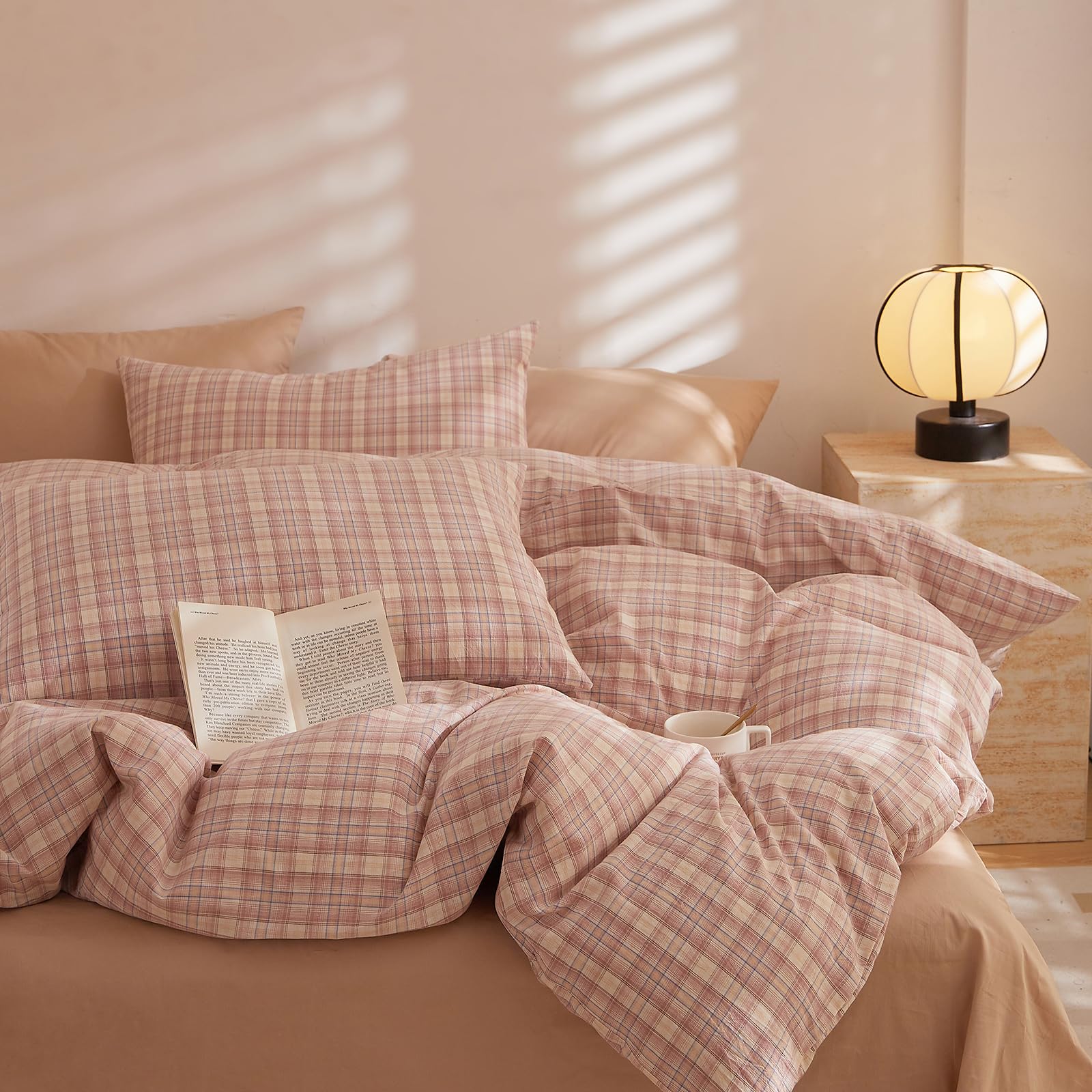 EAVD Vintage Pink Gingham Duvet Cover Twin 3-Piece Grid Plaid Bedding Set