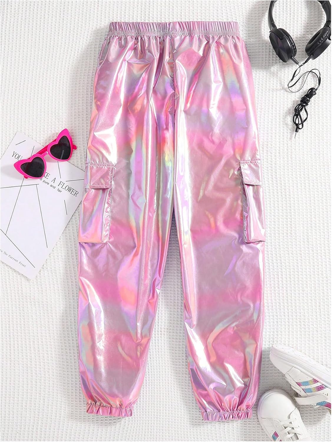 MakeMeChic Girl's Metallic Cargo Pants Jogger Pants Elastic Waist Streetwear Trousers Hip Hop Dance Outfits 8-12 Years - Image 3