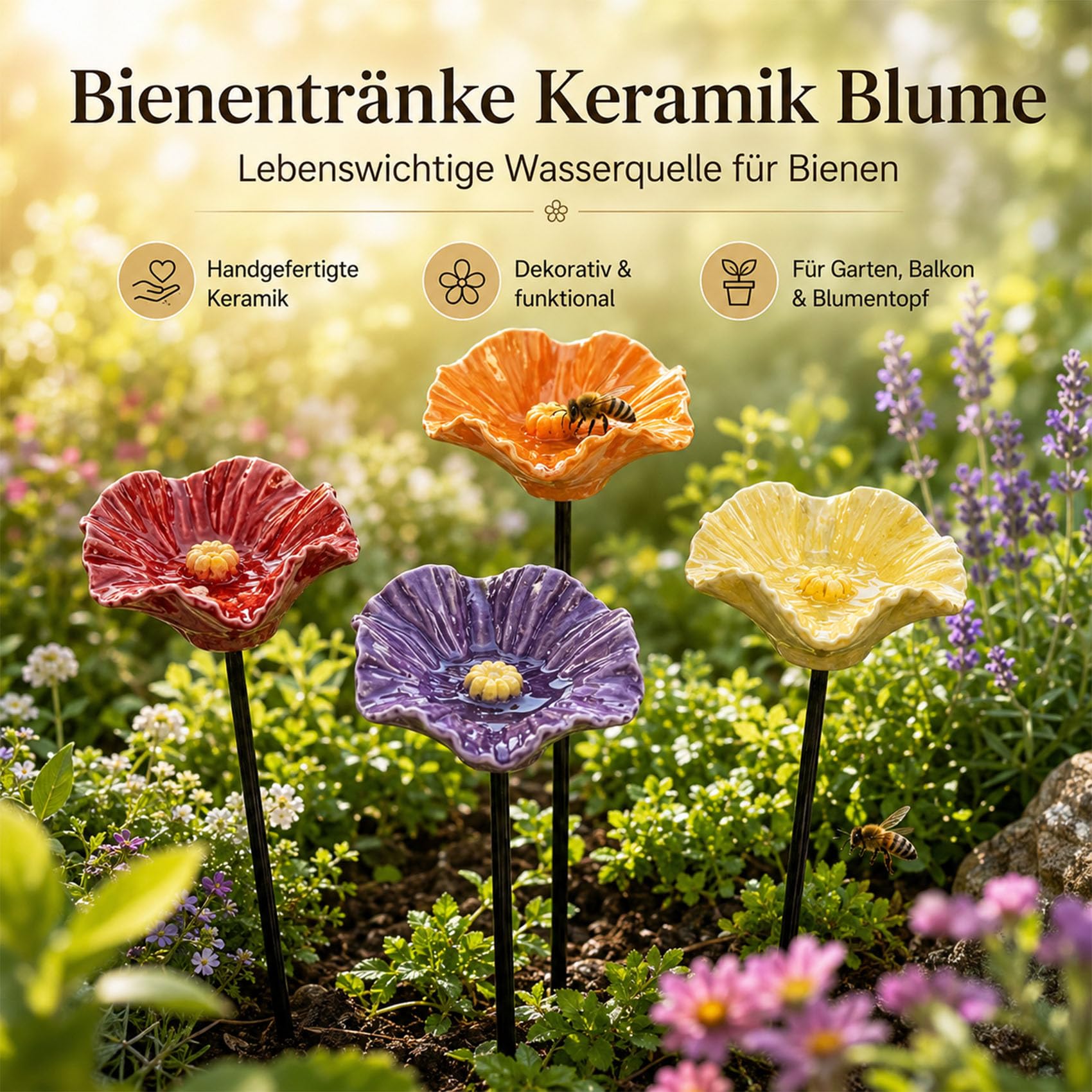 Bienentränke Keramik Blume 4/8/12 Stück, Bienenblüten Keramik als Insektentränke mit Stab, 27 cm Gartenstecker wetterfest für Garten, Balkon, Blumentopf & Deko (4 Blüten)