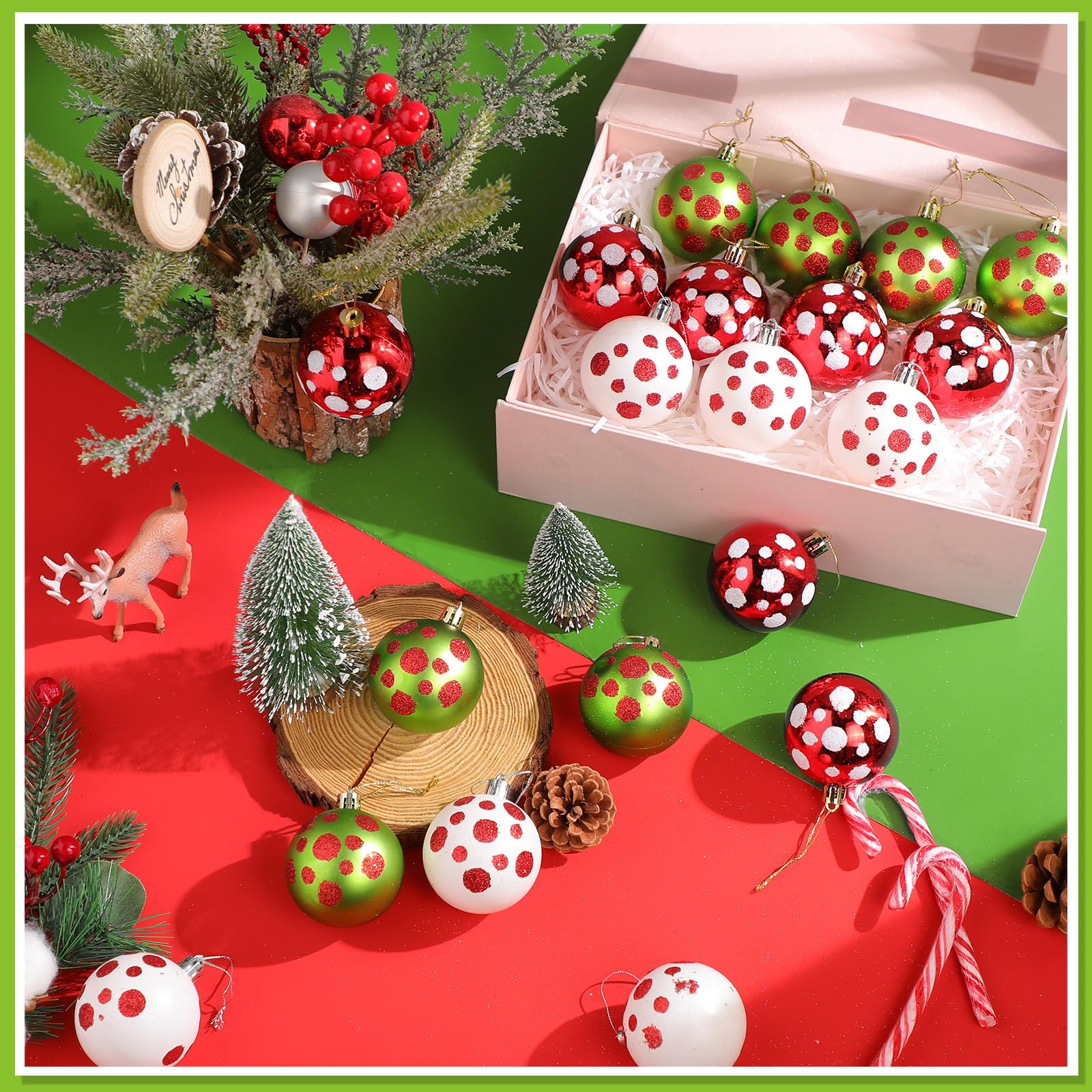 24 esferas de Navidad, adornos rojos y verdes para árbol de Navidad, adornos de 2.36 pulgadas con purpurina de lunares, adornos colgantes para decoración de árbol de Navidad, fiestas de