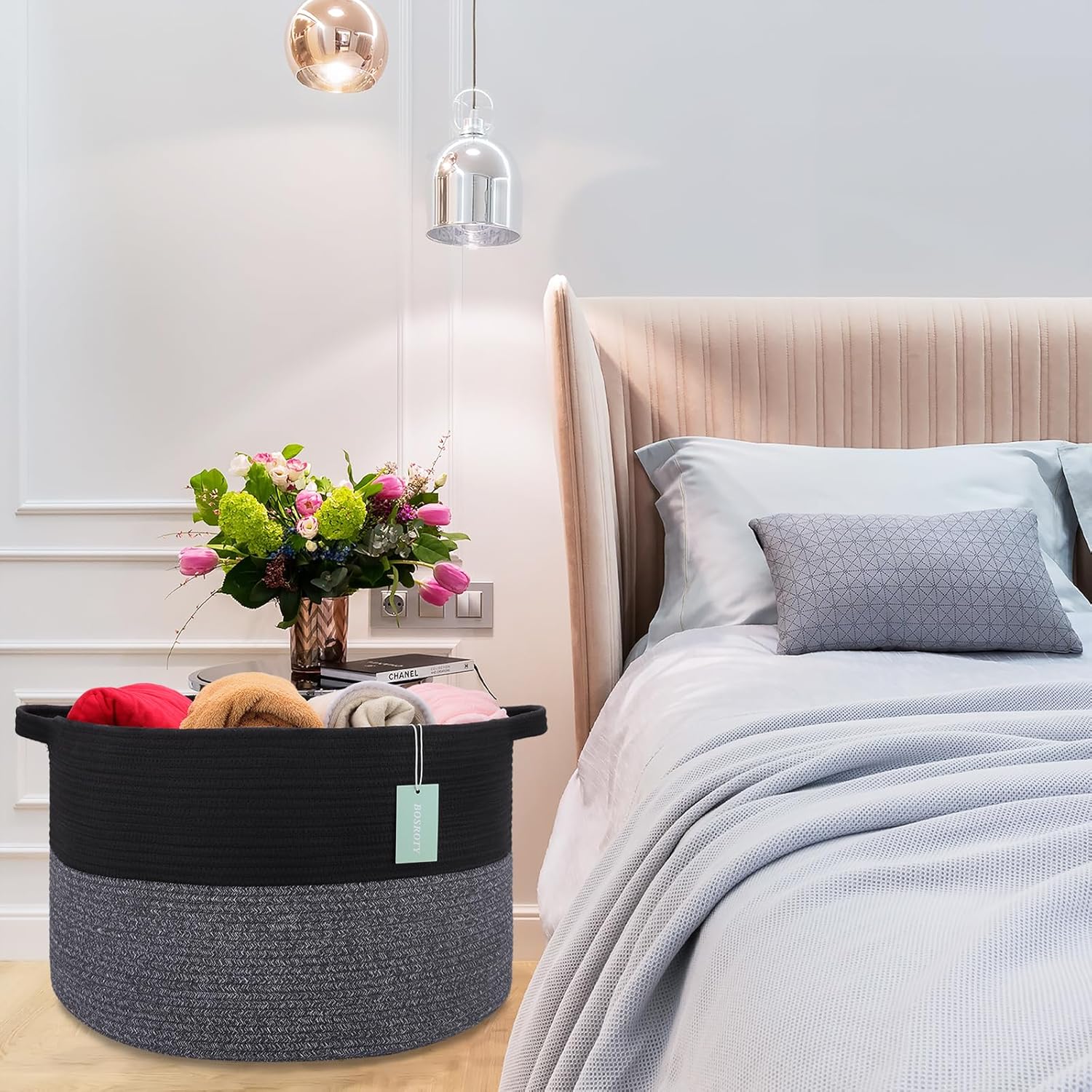 Extra Large Blanket Basket 87L, Laundry Hamper, Baby Nursery Hamper for Storage Toys Clothes Towels, Large Cotton Rope Laundry Basket for Girls Boys, 22”x 14”, Black & Gray