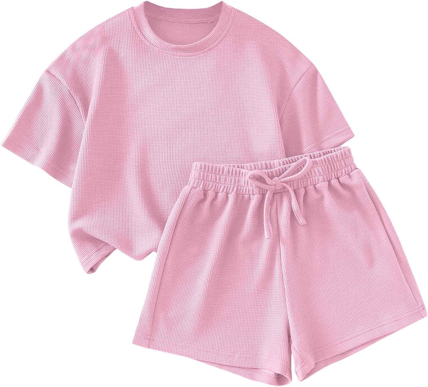 Girls 2 Piece Outfits Short Sleeve Waffle Knit T-Shirt and Shorts Active Outfit