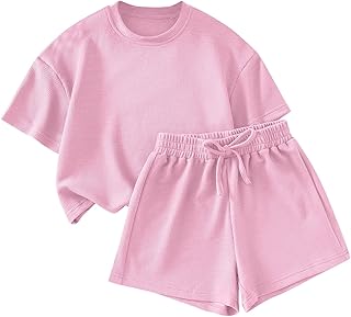 Girls 2 Piece Outfits Short Sleeve Waffle Knit T-Shirt and Shorts Active Outfit