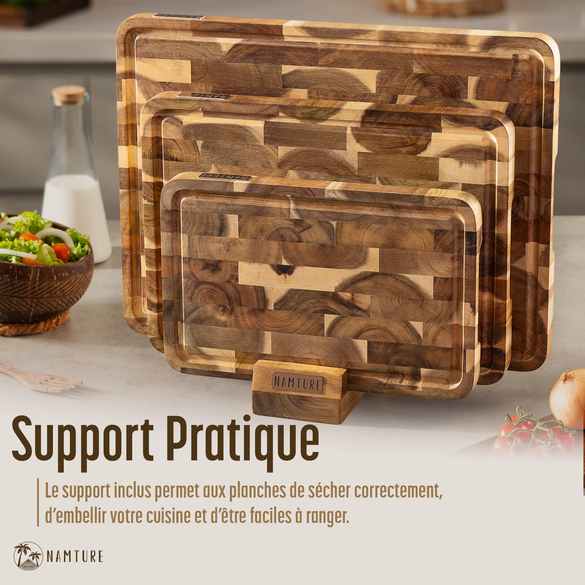 Set de 3 Planches à Découper en Bois d’Acacia – Billots Bois de Bout avec Rigole à Jus, Pieds Antidérapants & Support – Coffret Cadeau Premium