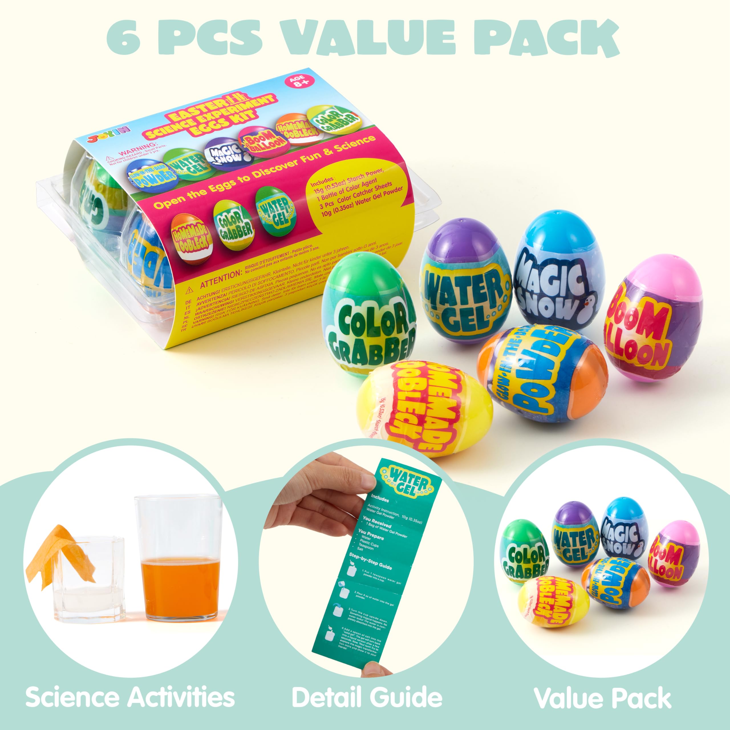 JOYIN Lot de 6 œufs de Pâques pré-remplis avec jouets, œufs de Pâques en plastique avec expérience scientifique, remplissage de panier de Pâques pour garçons et filles, cadeaux de fête sur le thème de