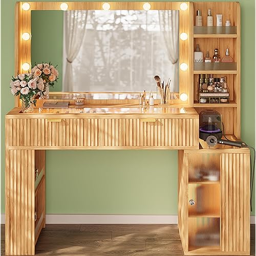 47'' Fluted Makeup Vanity Desk with Large 36" Mirror & Hollywood Bulbs, Smart RGB Lights, Glass Top Vanity with 5 Shelves, 2 RGB Drawers, Acrylic Cabinets, Wood Vanity with Charging Station,Oak