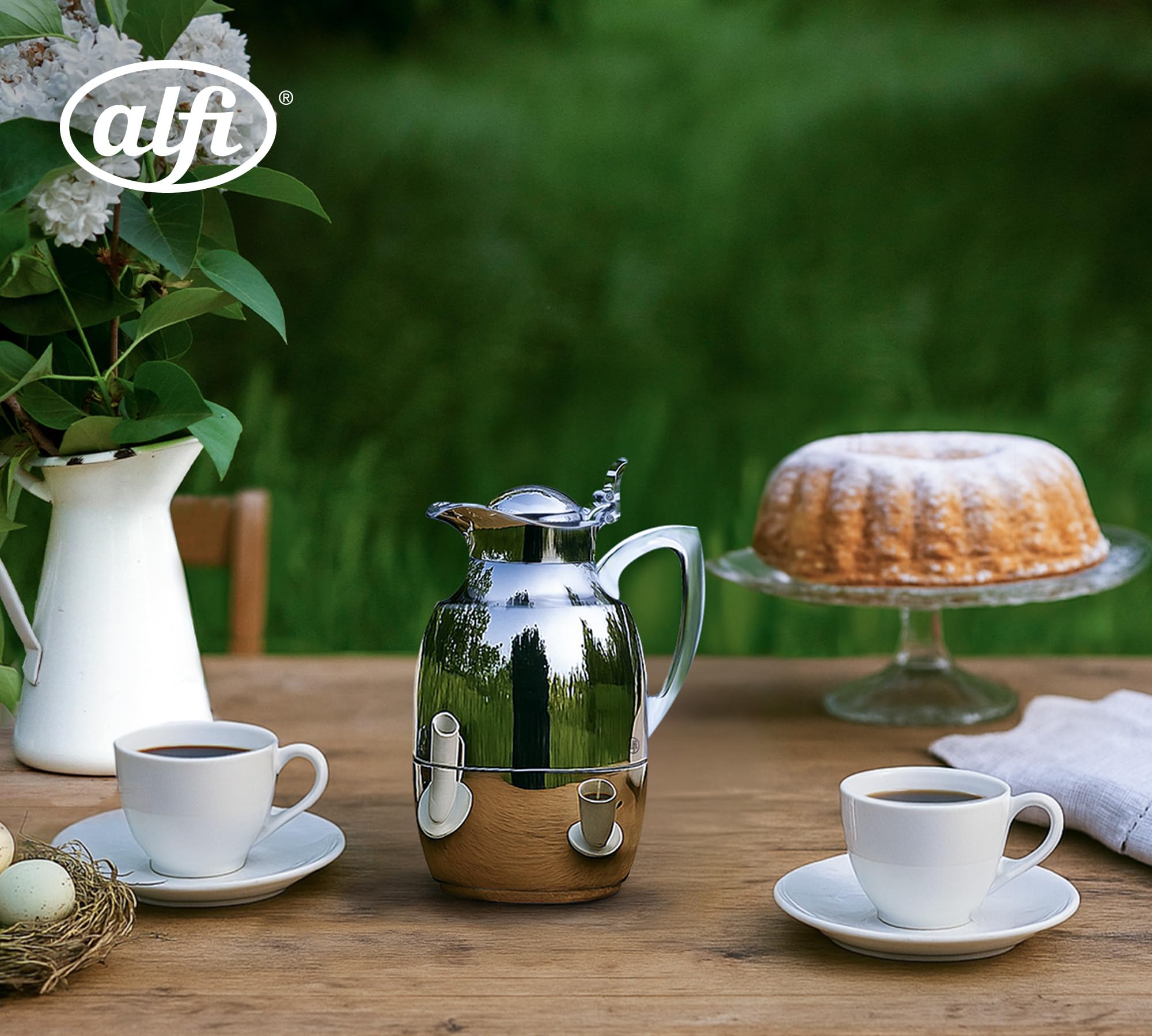 alfi JUWEL 1,0l, silber chrome plated, elegante Isolierkanne mit Hartglaseinsatz, 12h heiß & 24h kalt, ideal als Kaffeekanne, Teekanne