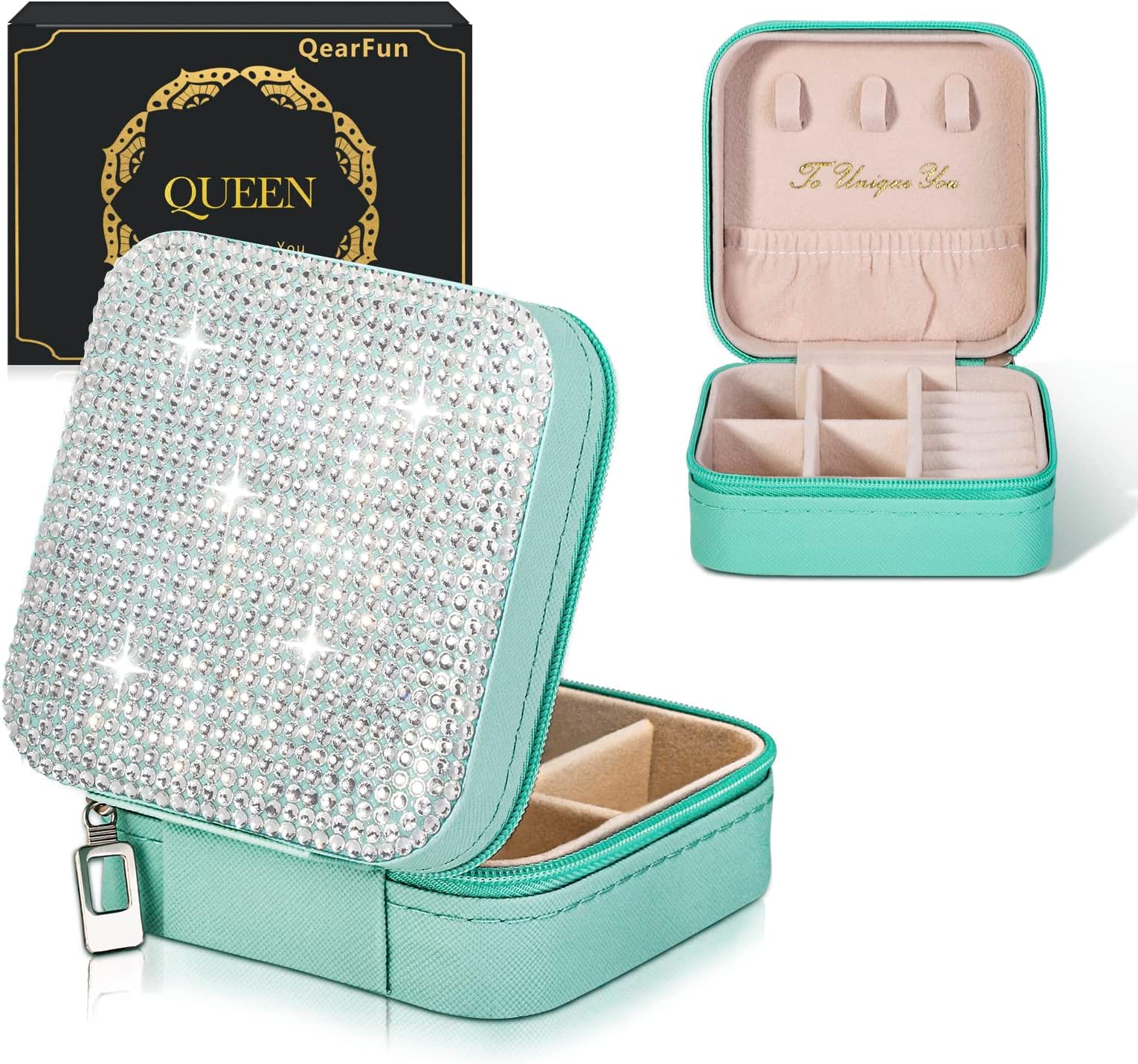 Luxurious Rhinestone Travel Jewelry Case,Bling Portable Jewelry Organizer,PU Leather and Mini Jewelry Box for Ring,Pendant,Earring,Necklace,Bracelet,Travel Essentials Gift for Women Girls(BlueSilver)