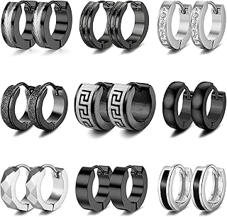 RIOSO 9Pairs Hoop Earrings for Men Stainless Steel Black Silver Men's Hoop Earring