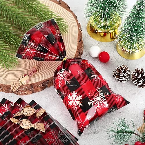 Miniatura 3 de Whaline 160 bolsas de celofán de Navidad, diseño de búfalo rojo y negro, bolsas de regalo de plástico con lazos giratorios para suministros de