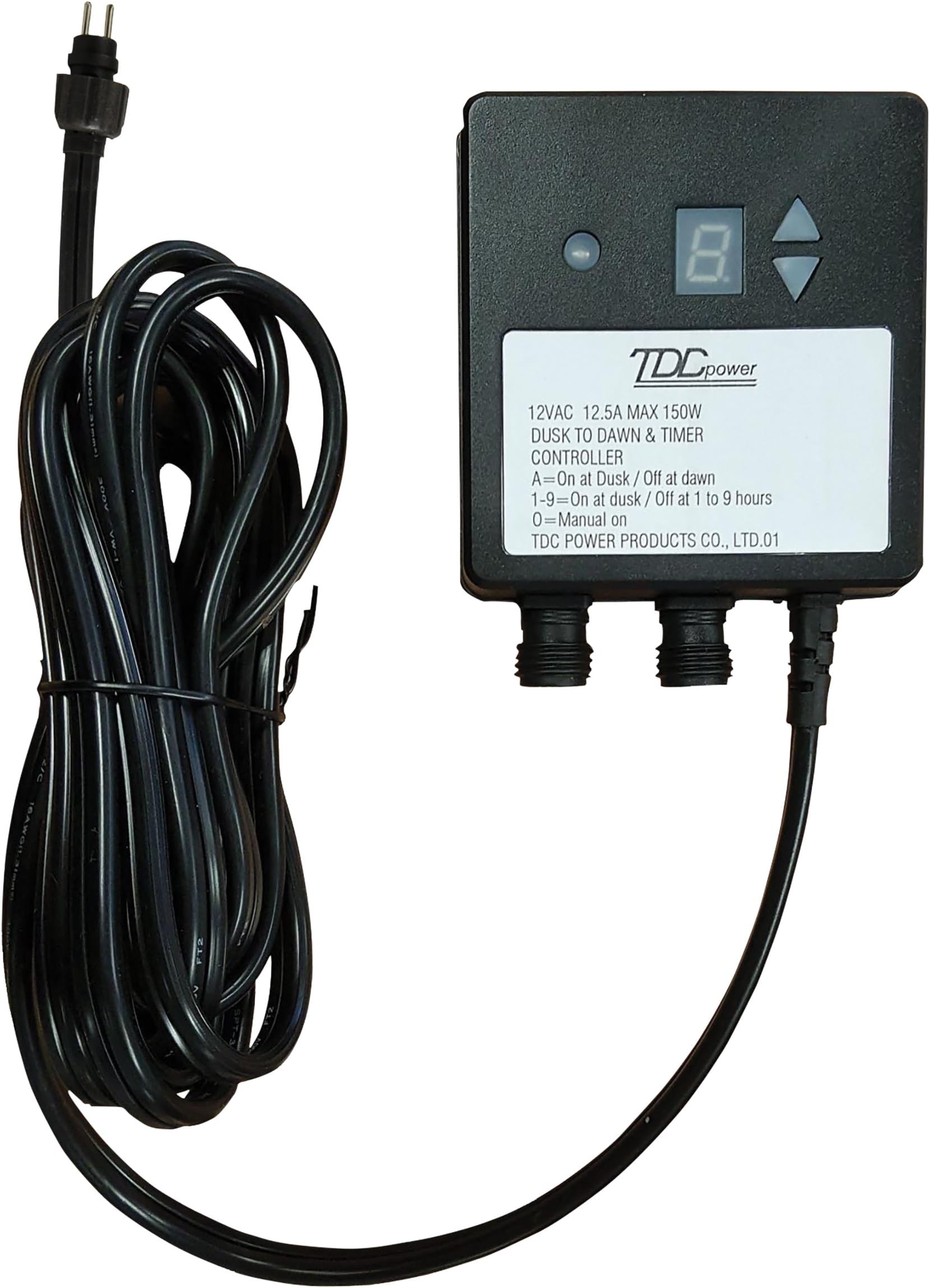 Luxform Lighting 150W Dusk/Dawn Sensor with Built-in photocell On, Off, Auto and 1-9 Hour Timer. Input: 12Vac bio-pin Round Male Plug. Output: 12Vac 150W with bio-pin Round Female Plug.