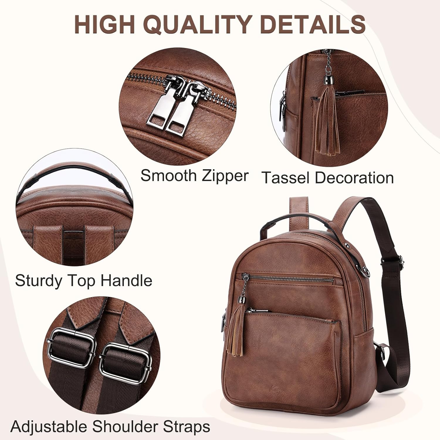 Kasqo Kaso Mini Backpack Purse for Women,Water Resistant PU Leather Small Backpack Convertible Ladies Shoulder Bag Travel Handbag 3 Ways to Carry Brown - Image 5