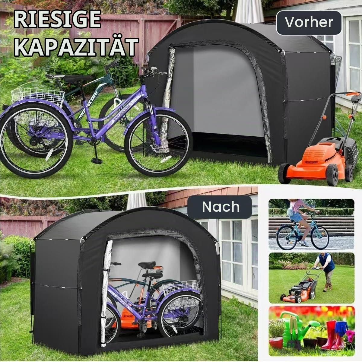 fahrradgarage 2 fahrräder zelt für wetterfest, 210D Oxford Fahrrad wasserdichte Fahrradplane Gerätehaus für Motorrad Gartengeräte Spielzeug, Bogen, 210 x 80 x 165 cm Garten Configuration:Both KITs _frame_feature:flexible_hinge Tente Räder Und Rollen