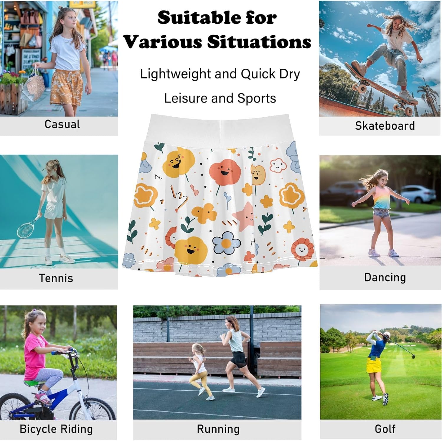 visesunny Cartoon Spott Floral Girl's Golf Skirt Athletic Tennis Skort Sport Activewear with Double Layer Pockets