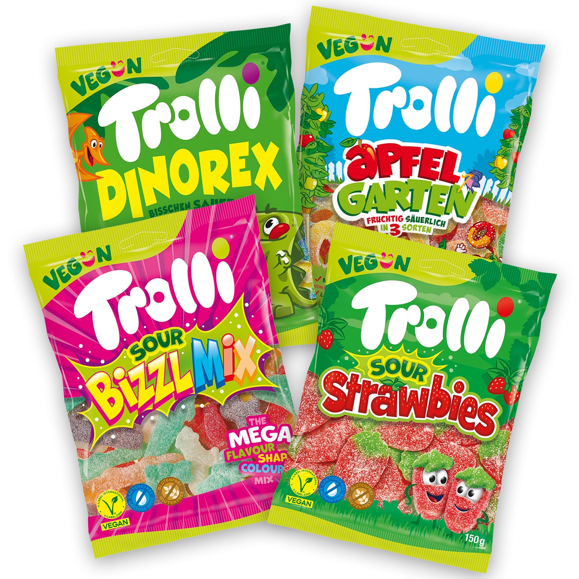 ​Trolli Vegane Fruchtgummi Mischung – 4er Pack Süßigkeiten (4×150 g) – Sour Strawbies, Dino Rex, Apfelgarten & Bizzl Mix – Gummibärchen vegan, sauer, glutenfrei, laktosefrei, ohne Gelatine - Mix Box