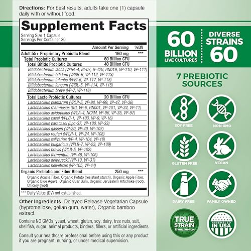 Miniatura 2 de Vital Planet - Vital Flora - Probiótico diario para adultos mayores de 50 años, 60 mil millones de UFC, 60 cepas diversas, 7 prebióticos orgánicos,