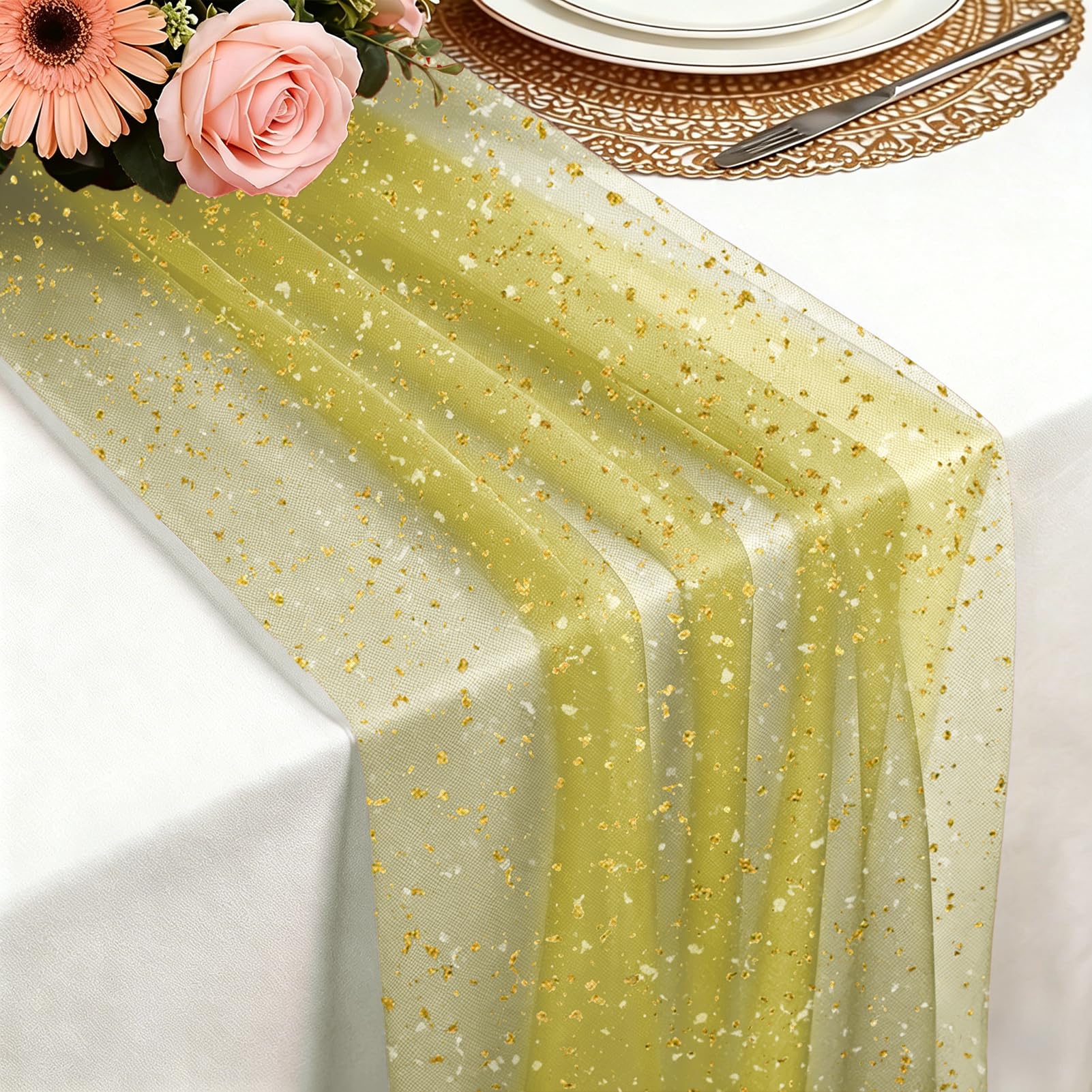 Tischläufer, 75X 300 cm Leichter und fließender Tischläufer Gaze Tüll Glitter GoldfolieTischläufer für Boho Hochzeit, Geburtstagsfeier, Weihnachten, Neujahrsparty Küche Tisch Dekoration