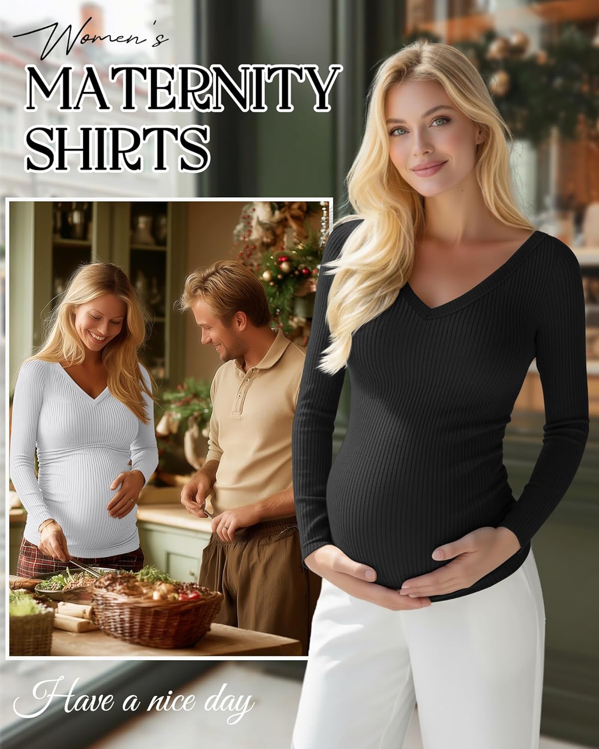 4 Pack Women's Maternity Shirts, Cotton Long Sleeve Pregnancy Tops Ribbed V Neck Slim Fit Maternity Clothes - Image 4