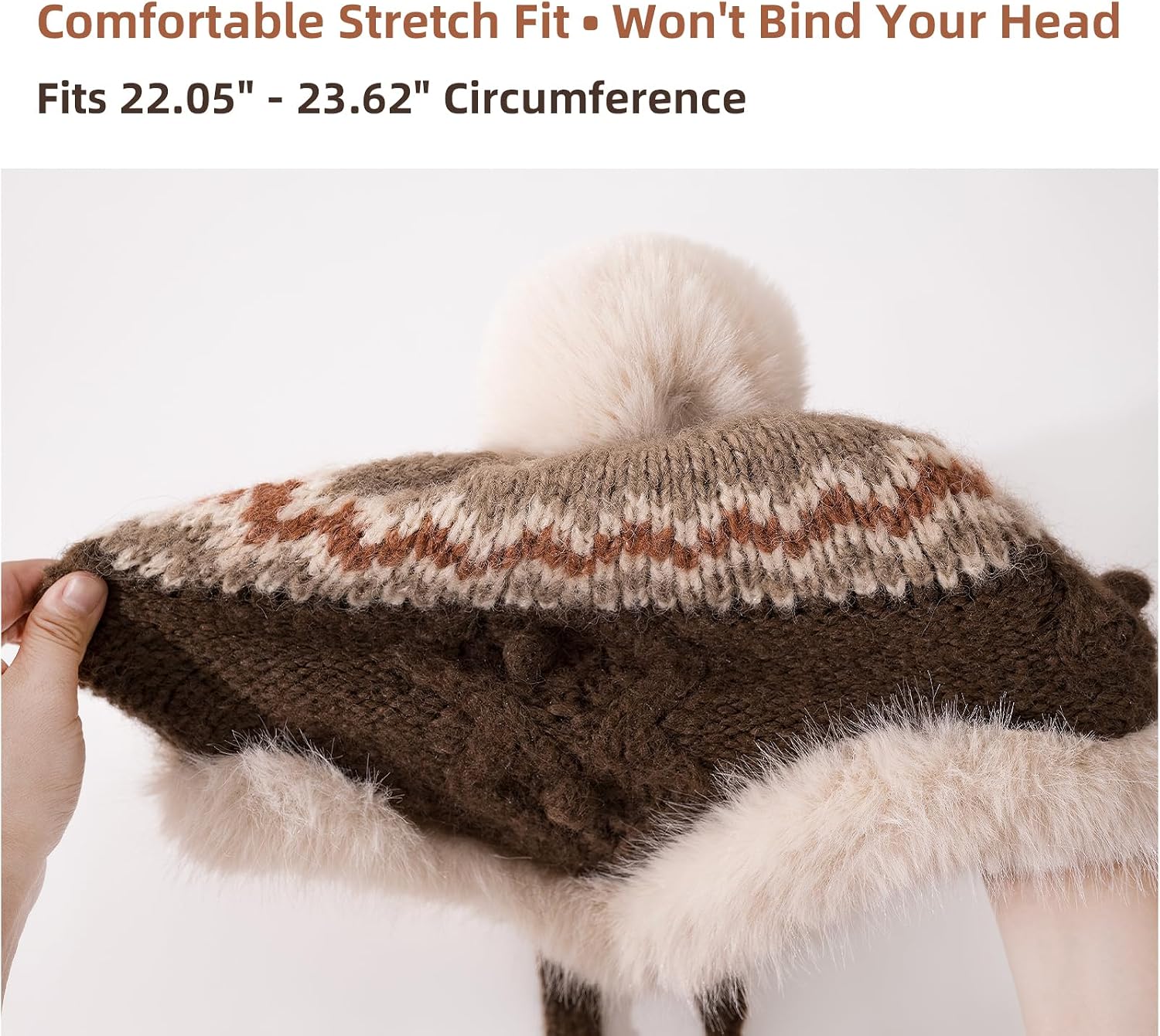 Women's Knit Trapper Hat with 3 Faux Fur Pom Poms, Winter Ear Flap Hat, Peruvian Style Cute Beanie