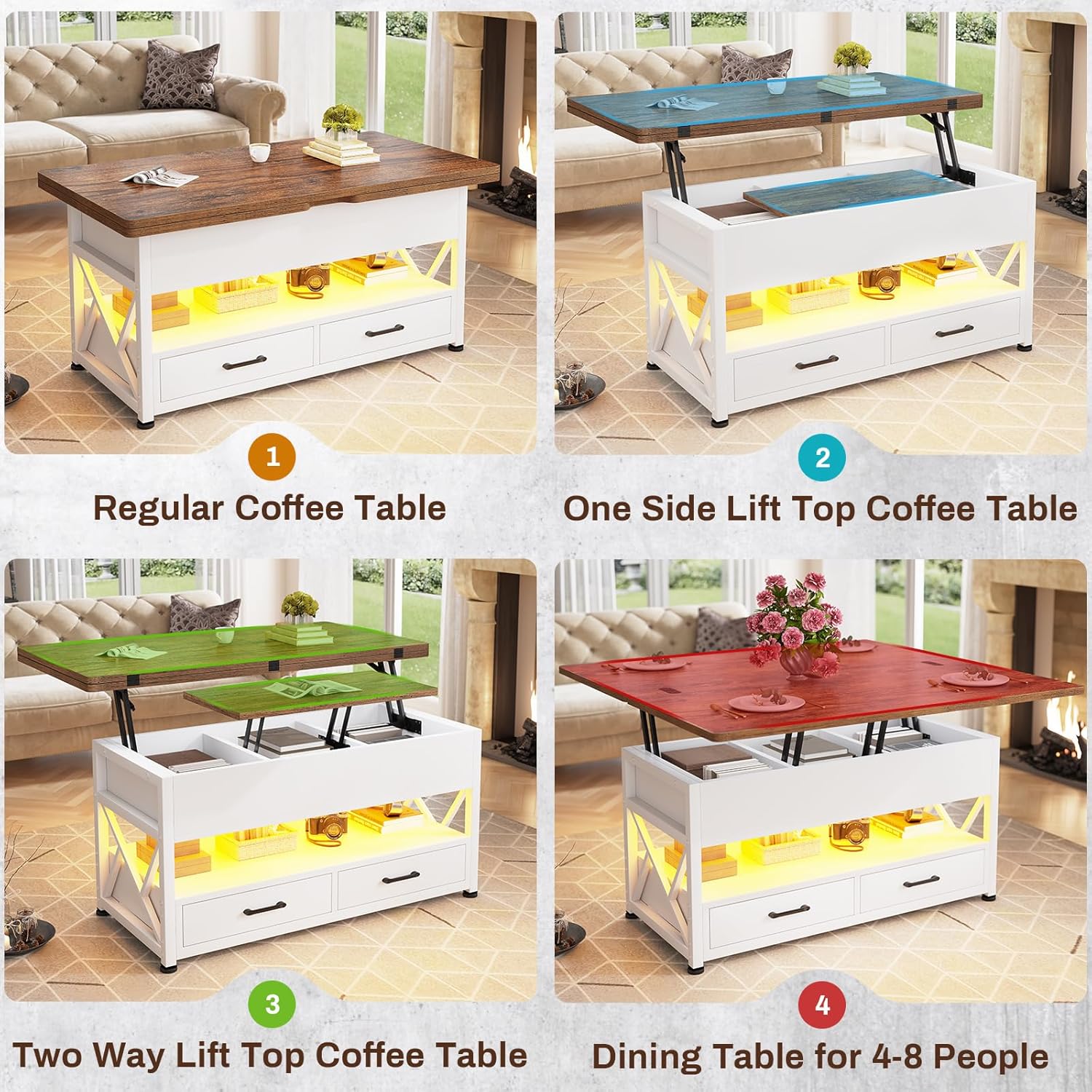 Itaar 40" Lift Top Coffee Table, 4 in 1 White Coffee Tables with Storage for Living Room, Small Coffee Table with 2 Drawers & LED Light for Dining Room, White and Rustic Brown