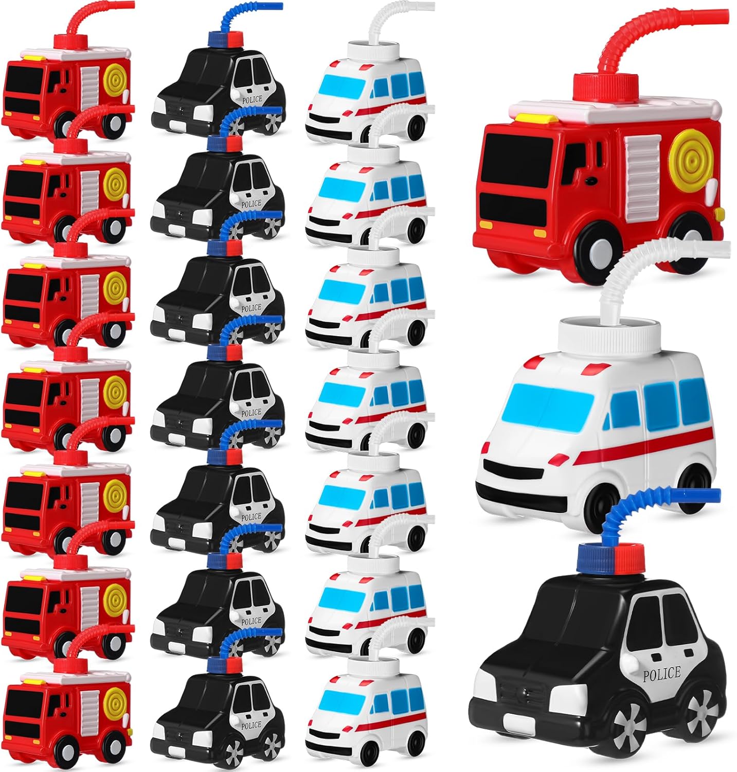Tanlade 24 Set Truck Traffic Vehicle Cups with Straws Community Helpers Cups Reusable Plastic Traffic Vehicle Cup Firefighter Ambulance Police Car for Birthday Firefighter Party Favor