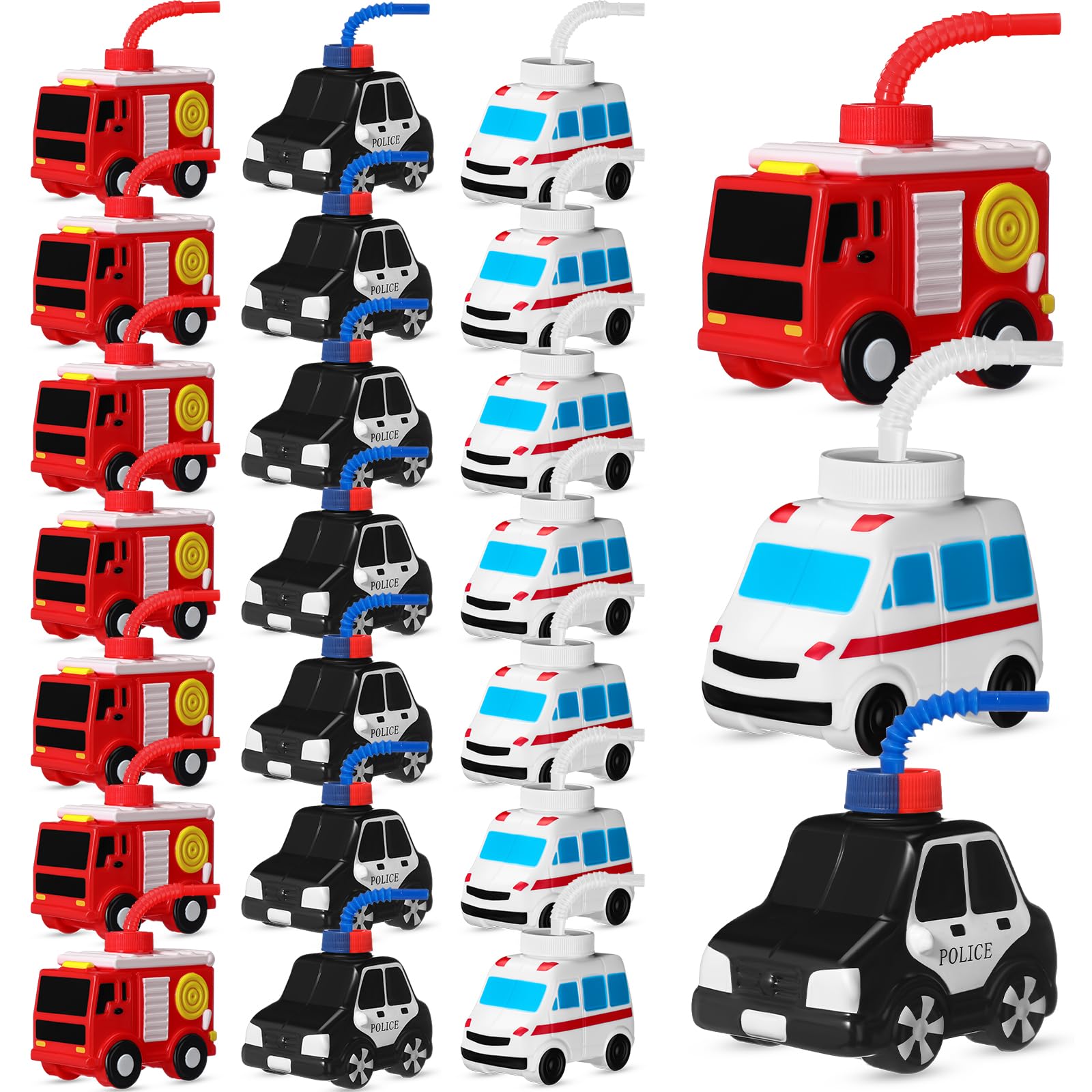 Tanlade 24 Set Truck Traffic Vehicle Cups with Straws Community Helpers Cups Reusable Plastic Traffic Vehicle Cup Firefighter Ambulance Police Car for