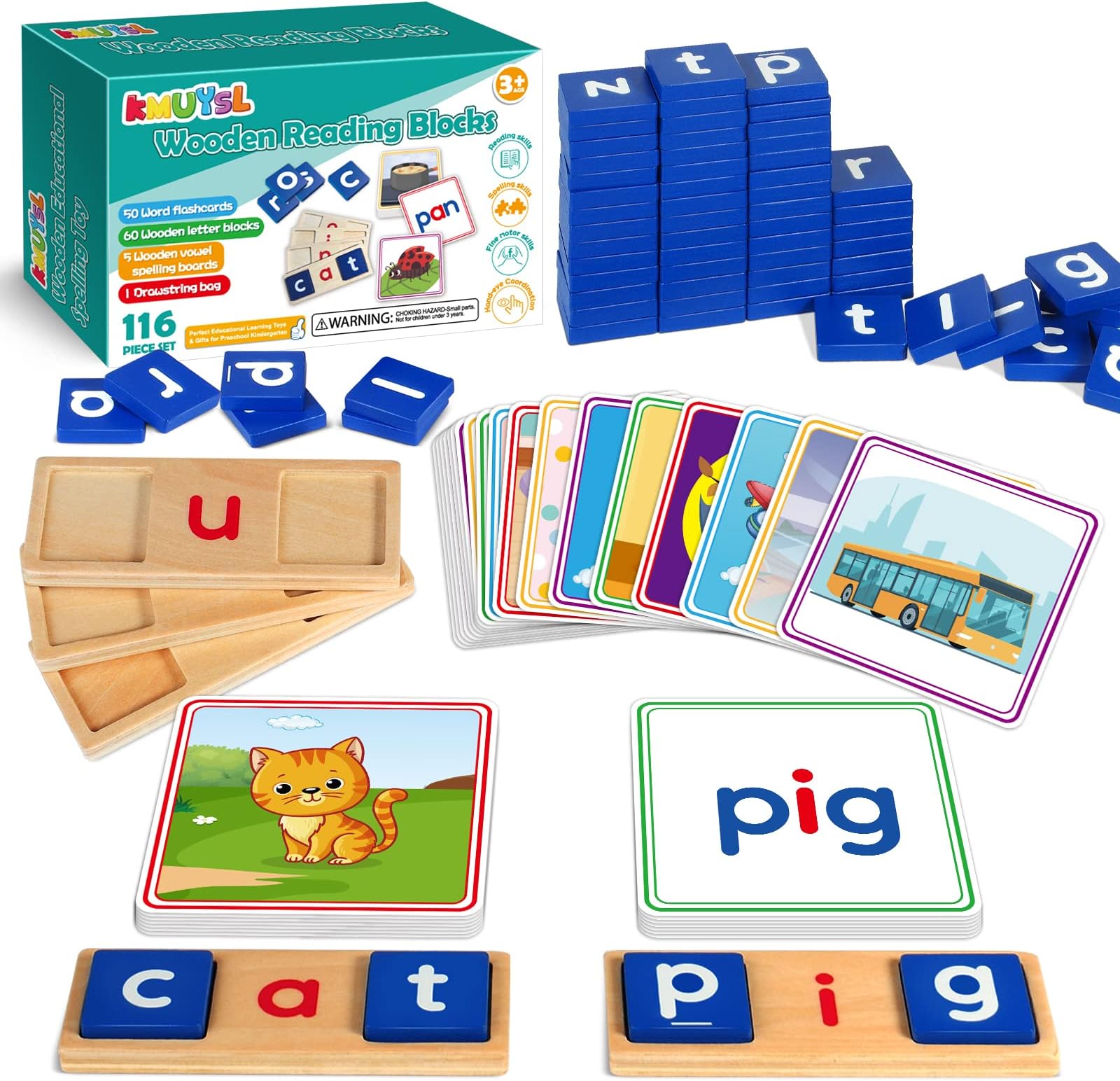 Learning Toys for 2 3 4 5 6 Years Old Boys Girls, Wooden CVC Reading Spelling Game for Kids, Preschool Kindergarden Learning Activities, Educational Toys Gifts for 2-4 3-5 4-6 Year Old Kids