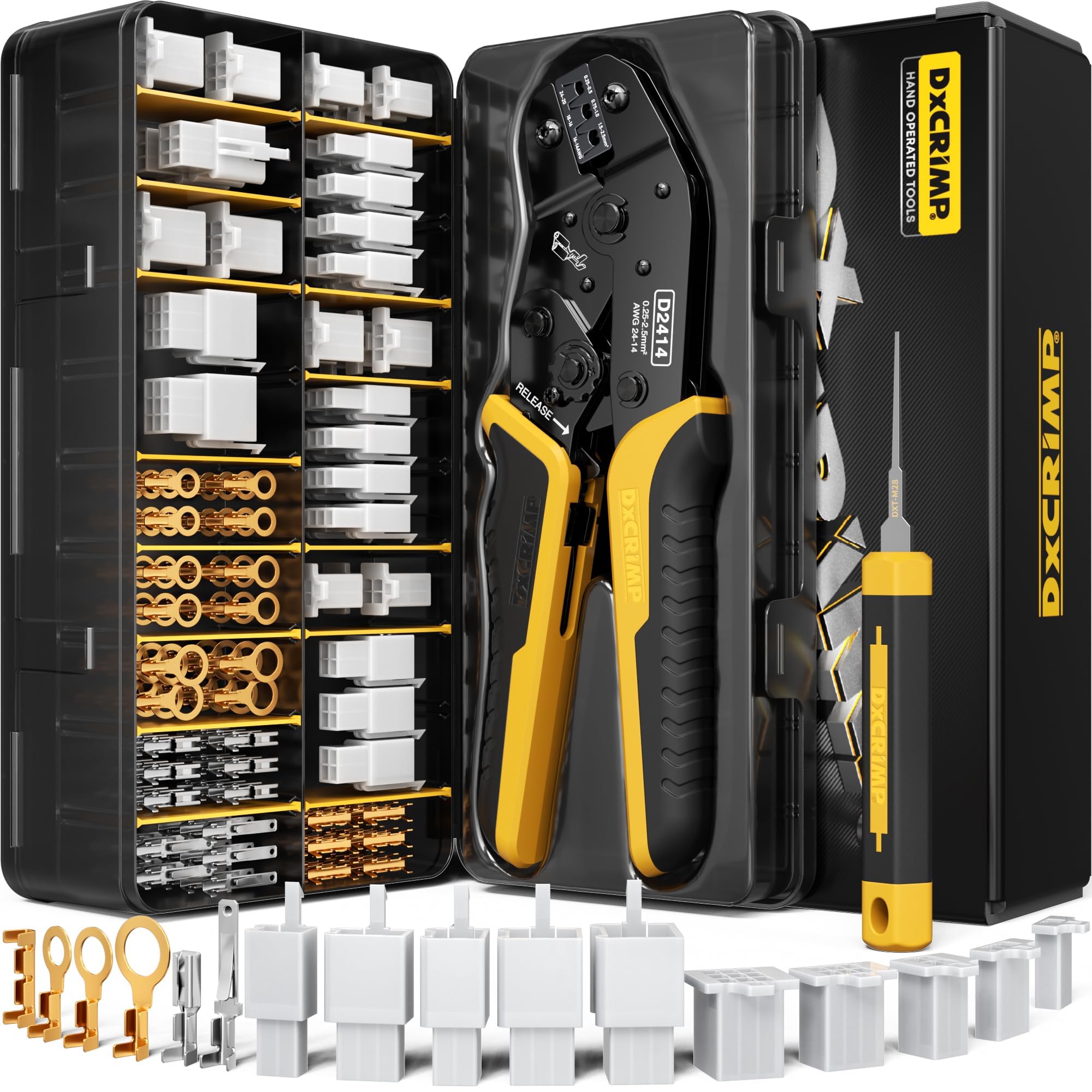DxCRIMP Kit Crimpatura Connettori Auto 2.8mm con 2,3,4,6,9 Poli Connettori - Pinza a Cricchetto per Terminali 24-14 AWG, Include Estrattori e Set Connettori, Pinza crimpatura, Kit Estrattori Auto