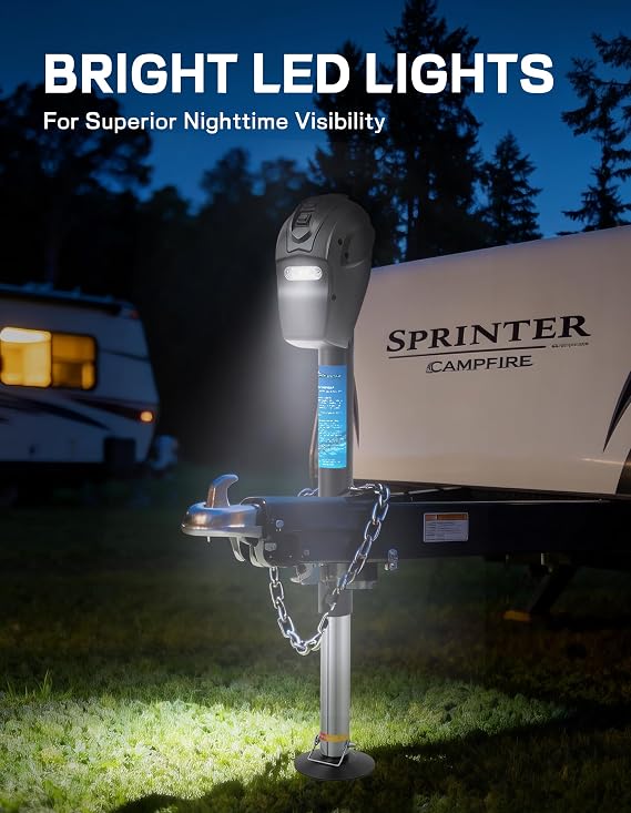 POLESTAR Electric Trailer Jack, 5000lbs Electric Power A-Frame Tongue Jack | with Waterproof Protective Cover & LED Light for Travel Trailer Camper, RV, 12V DC with Hard Wiring, 9-27 Lift