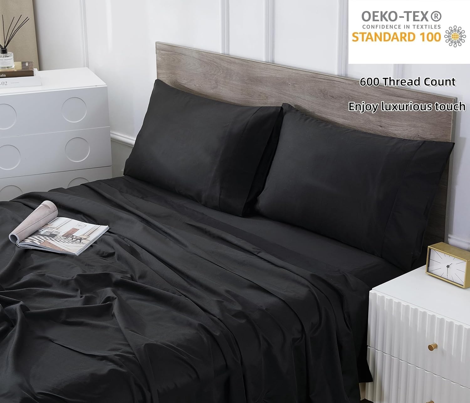 Full Sheets Bed Set 4 Pieces, 600 Thread Count 100% Egyptian Cotton Bed Sheets, Breathable, Soft & Silky Sateen Weave Fits Mattress from 8" Up to 16" Deep Pocket(Black, Full)