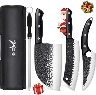 Golden Bird Butcher Knife Set - 4pcs Hand Forged Meat Cleaver Knife & Serbian Chef Knives & Sharp Viking Knives for Meat Cutting, Camping, BBQ, Christmas Gifts for Men Women