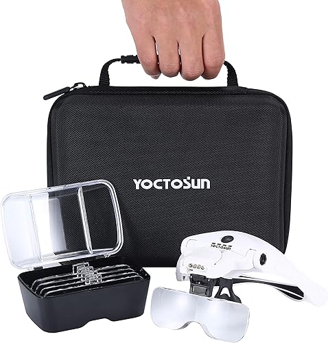 Miniatura 9 de YOCTOSUN Lupa con 4 luces LED, lupa de montaje en cabeza con estuche de almacenamiento, 5 lentes, diadema, visor de aumento iluminado manos libres