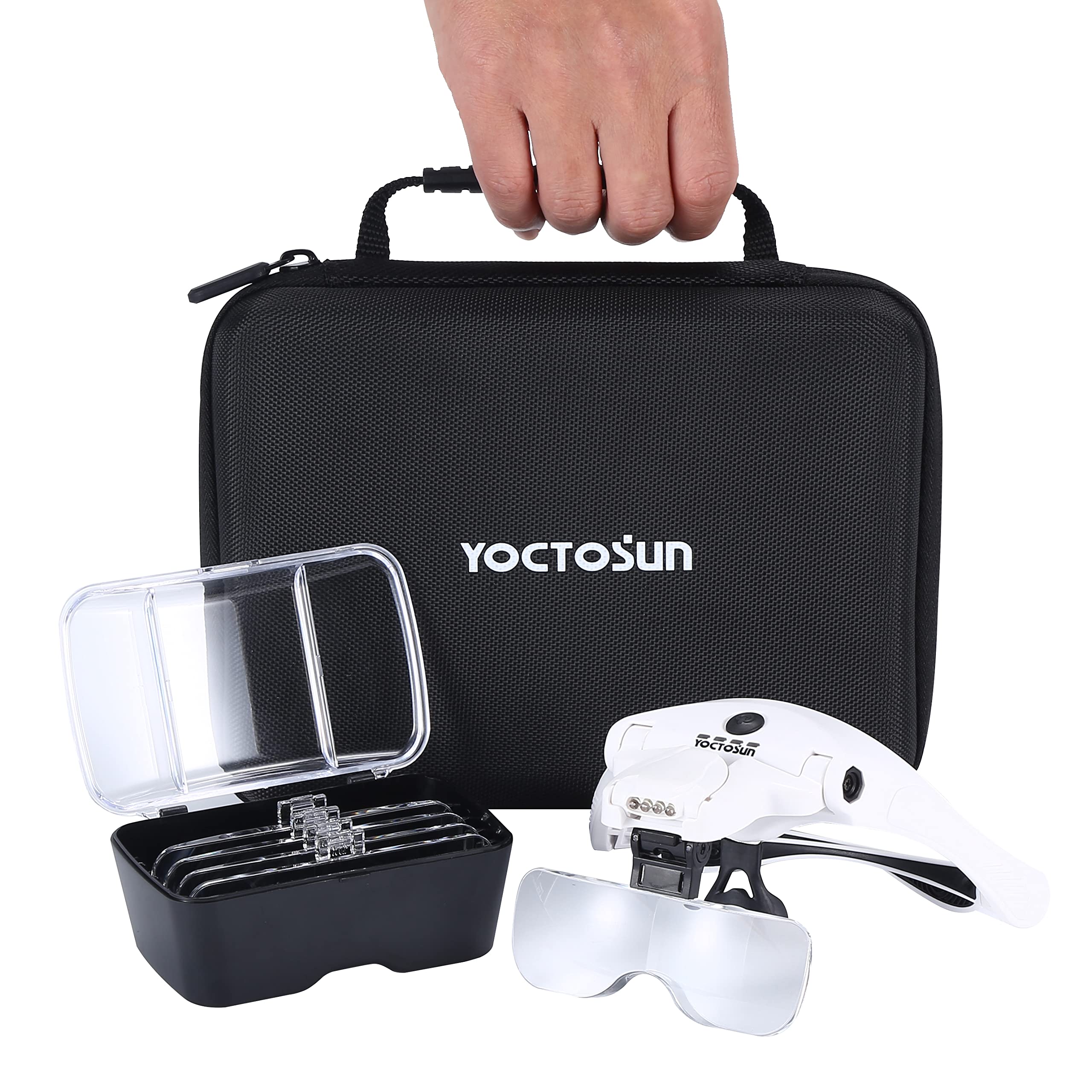 YOCTOSUN Lente d'ingrandimento con 4 luci LED, lente d'ingrandimento con custodia, 5 lenti, fascia per capelli, testa illuminata a mani libere, per hobby e lavori ravvicinati