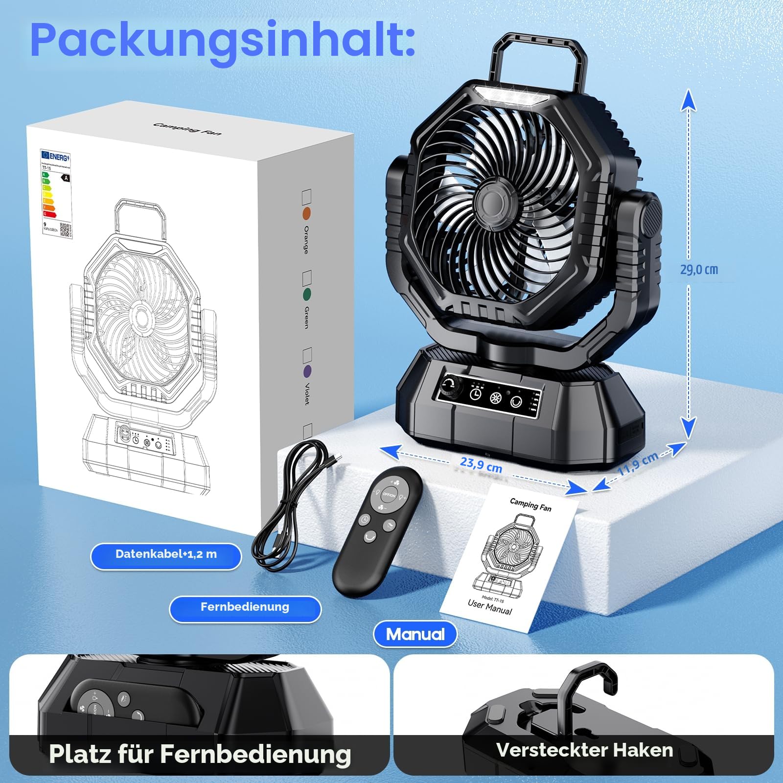 AJVV Camping Ventilator 20000mAh Akku Ventilator mit Fernbedienung LED Licht 270° Drehung Tischventilator