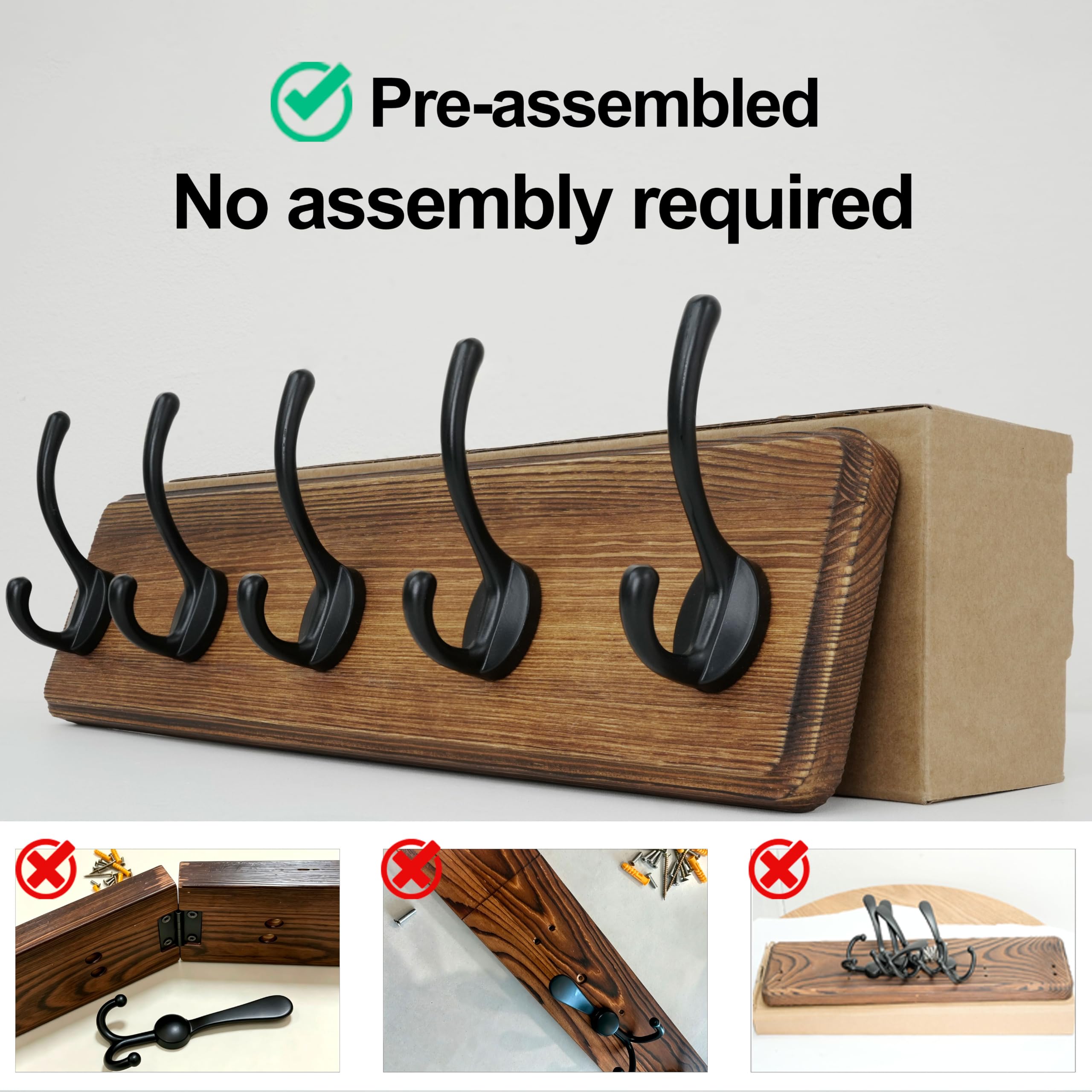 WEBI Percheros Pared Madera,44cm Colgador Pared,Percha Pared,Colgadores Pared,5 Ganchos Para Abrigos,Chaqueta,Marrón