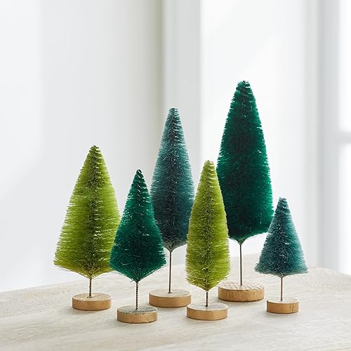 Miniatura 23 de Juego de 6 árboles de cepillo para botellas, decoración del hogar con acento verde y gris, estantería de bosque de invierno, acento navideño azul