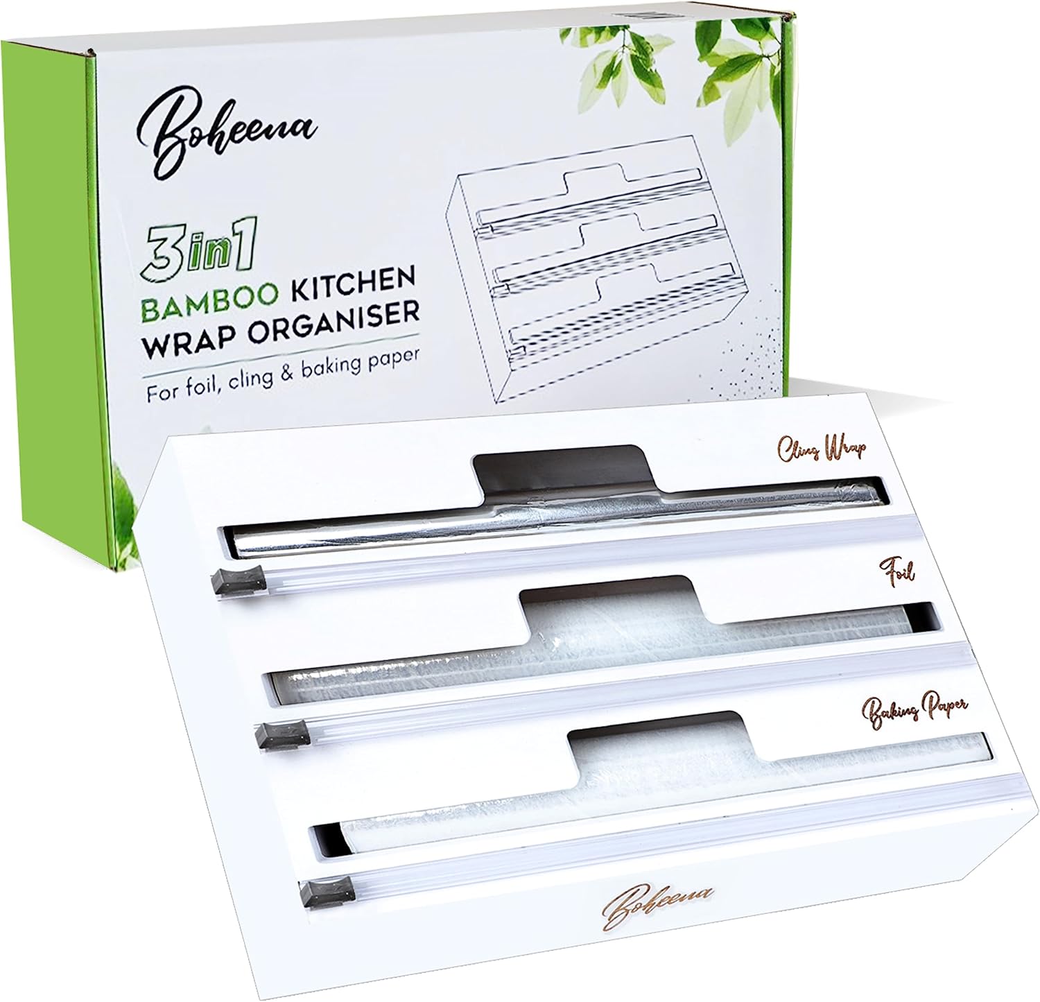 Boheena Bamboo Cling Wrap Dispenser with Cutter 33cm 3in1 Foil and