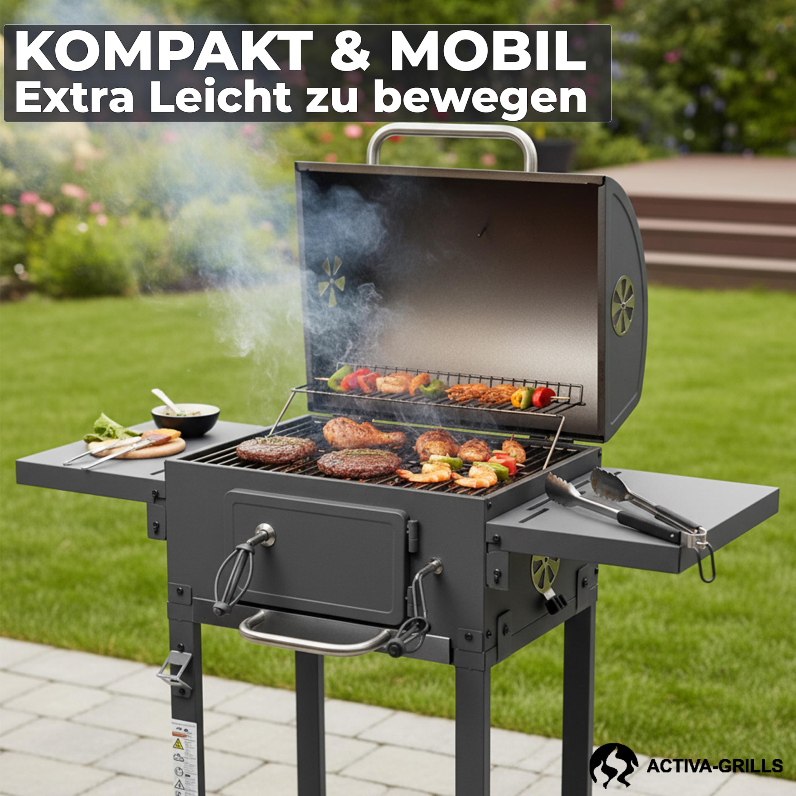 ACTIVA Holzkohlegrill Angular Smart I Holzkohlegrill mit Deckel, verstellbarer Kohlewanne & Thermometer I Grillwagen für ein gelungenes Barbecue