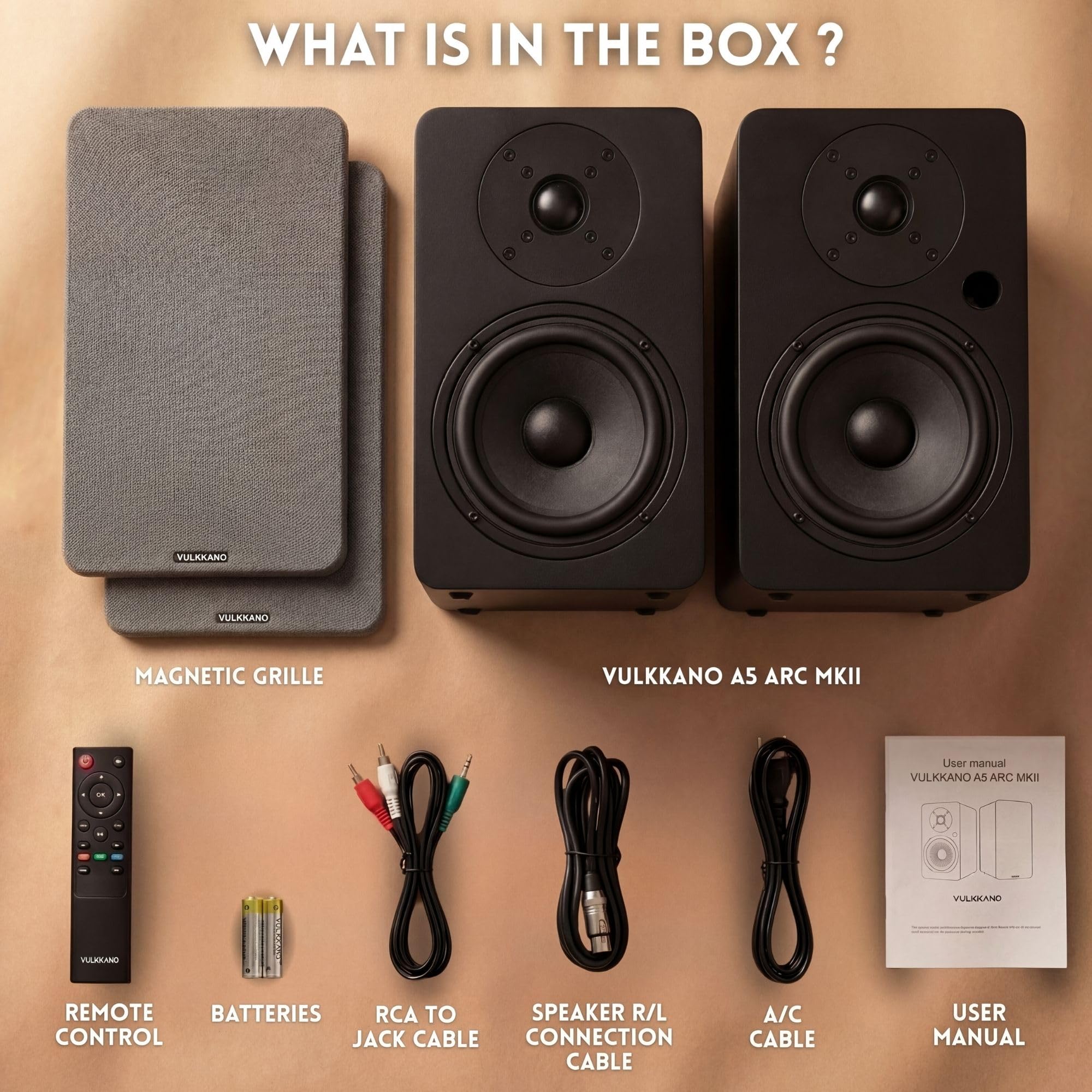 VULKKANO A5 Arc MKII Enceintes Amplifiées avec Haut-Parleur de Graves de 5,25 Pouces, Bluetooth 5.0, HDMI Arc, Sortie Optique, RCA, USB, Sortie subwoofer, Enceintes pour téléviseur, Noir.