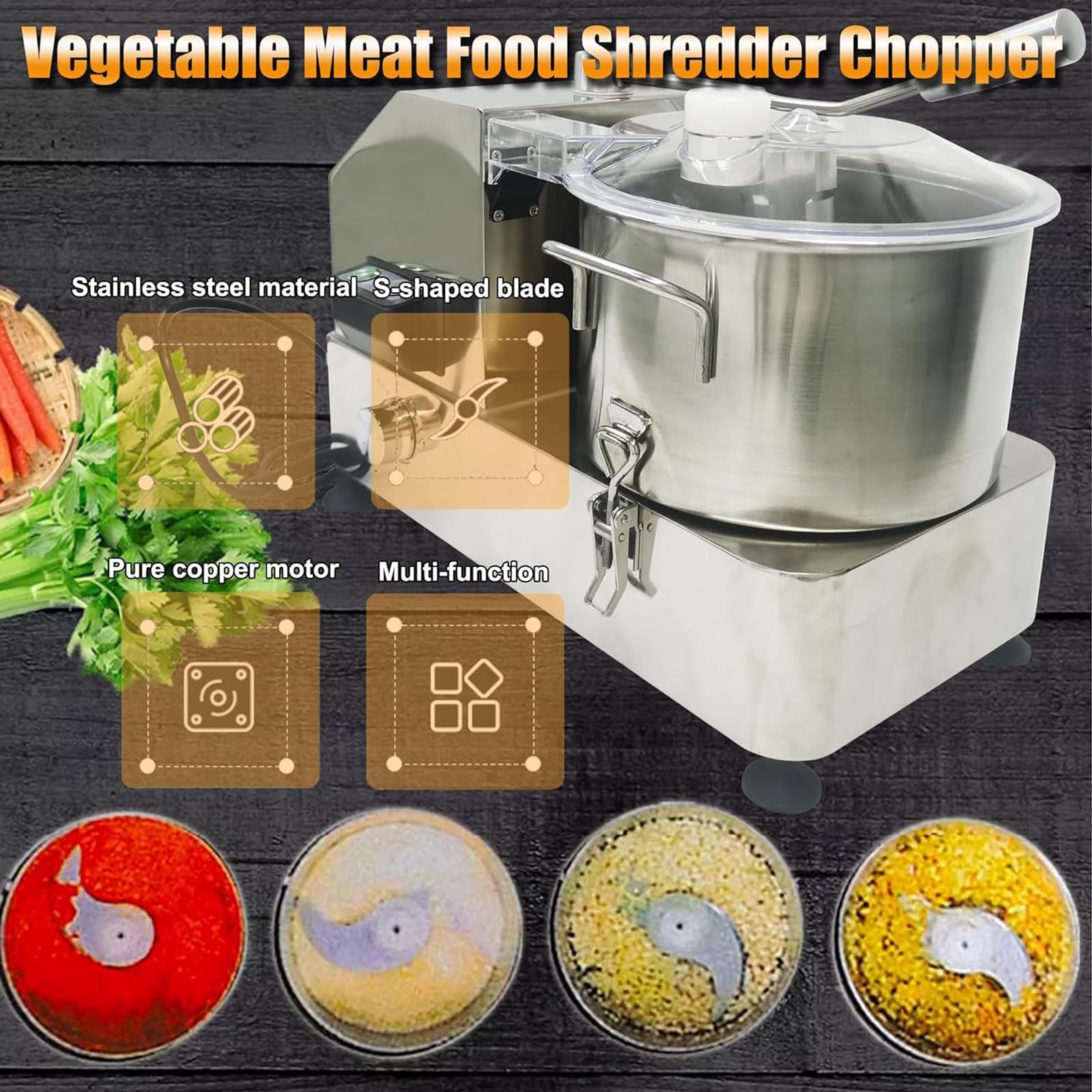 Procesador de alimentos eléctrico comercial para carne y verduras, picadora de acero inoxidable con velocidad ajustable y ventana transparente para restaurantes, 6 l (6L)