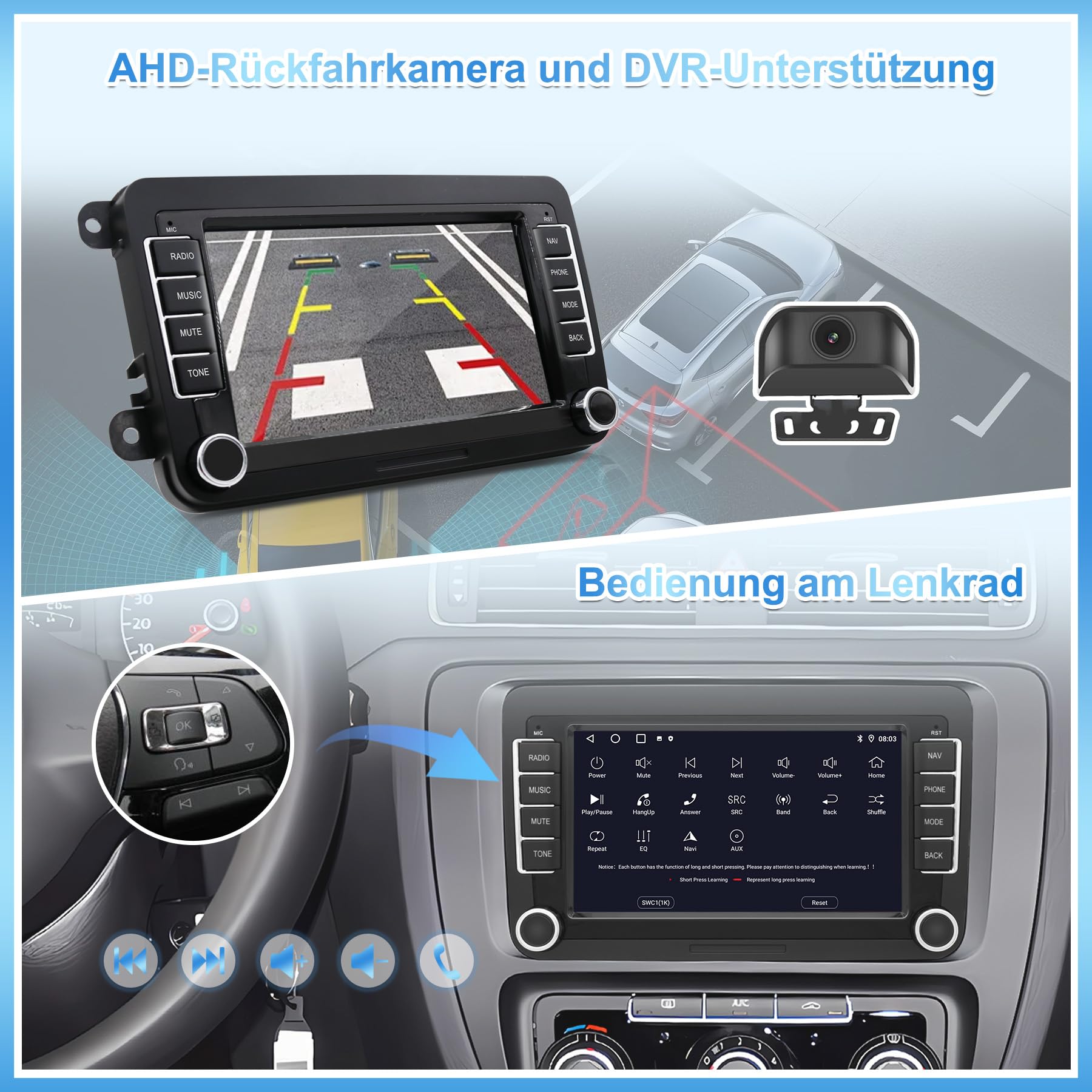 Radio samochodowe z systemem Android 13 do VW Passat/Golf/Polo/Caddy/Tiguan/Jetta i wielu innych| 7-calowy ekran dotykowy HD z kamerą cofania | bezprzewodowy CarPlay & Android Auto | 2 GB + 64 GB GPS