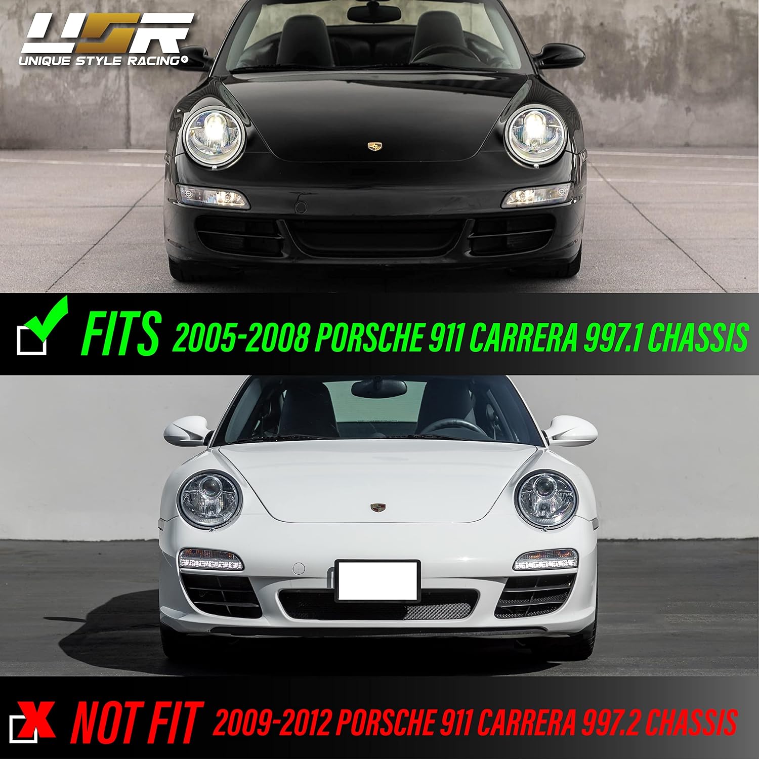 USR 05-08 911 997 LED Front Bumper Signal Lights Assembly Set (Left + Right) Compatible with 2005-2008 Porsche 911 Carrera 997.1 (Turbo Style LED Amber White Switchback, Clear Lens, Plug and Play)