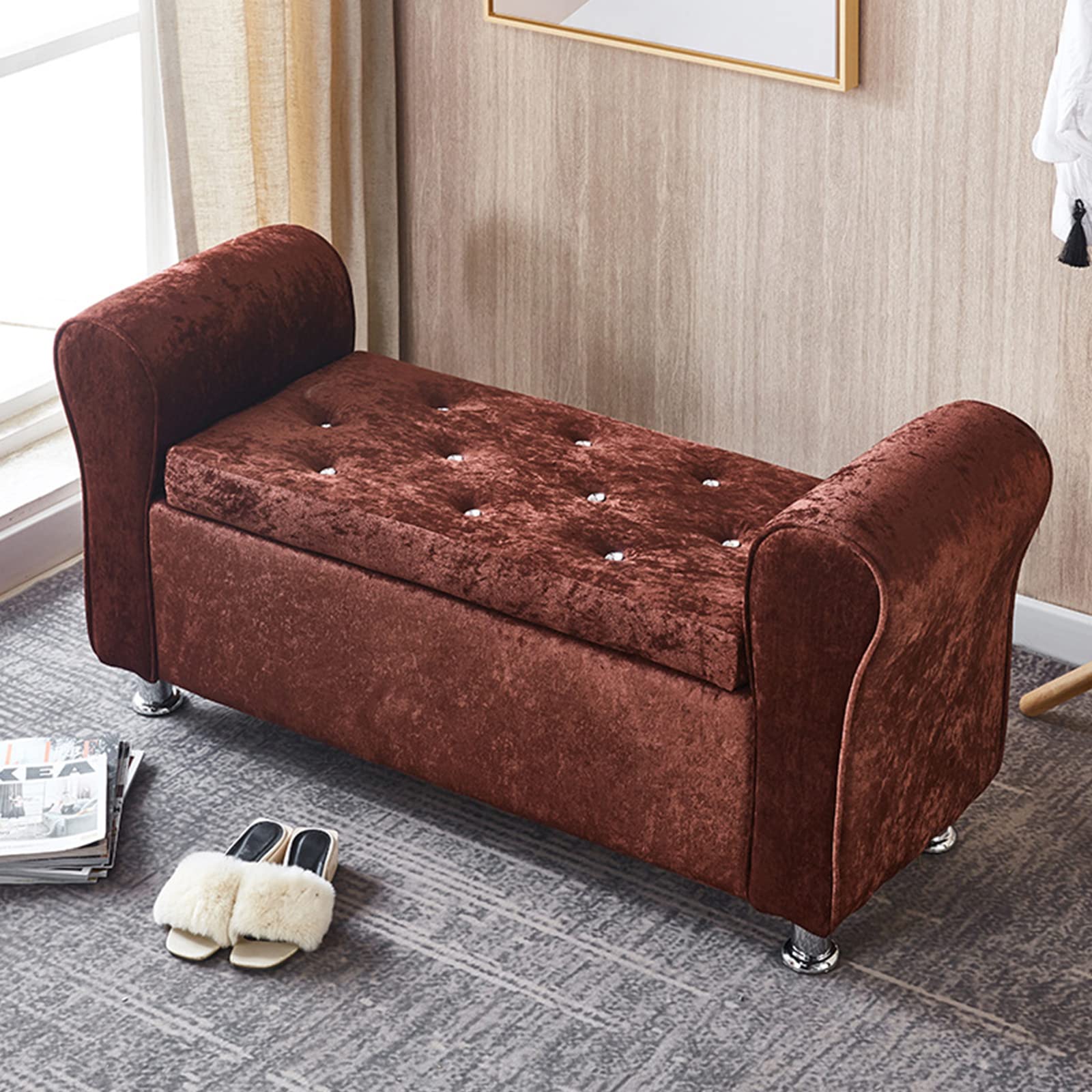 LMMIAOZ Velvet Upholstered Storage with Armrests Large Capacity Decor Foot Rest Stool for Bedroom and Living Room Button Tufted Long Storage Brown 100x40x40cm