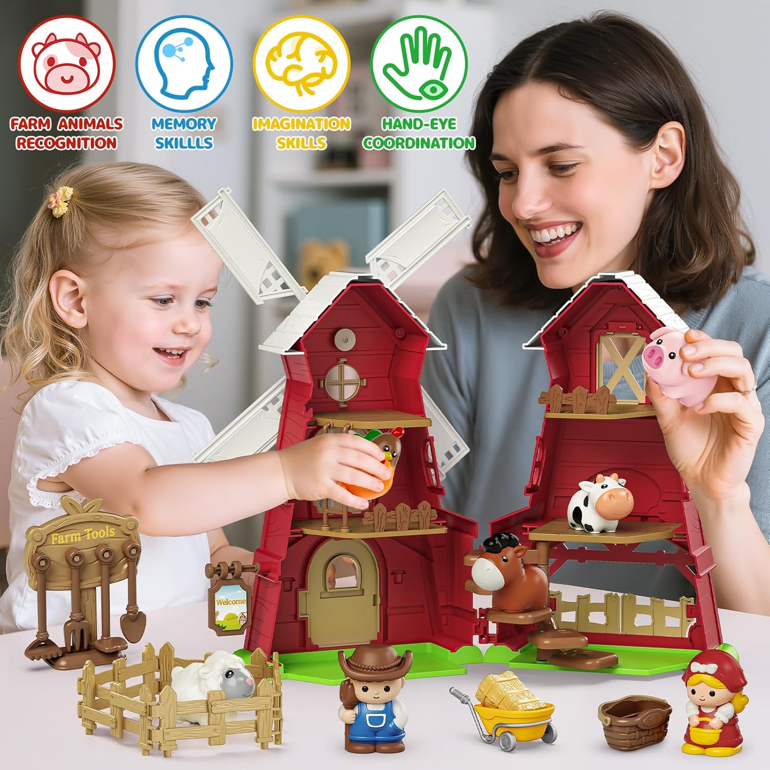 Toddler Toys for 1 2 3 Year Old, Farm Animals Windmill Barn Montessori Educational Toys, Farm Playset with Assorted Pretend Accessories, Christmas Birthday Gift for Baby Boys Girls 12-18 Month