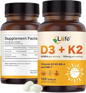LIIFE Vitamin D3 K2(MK7+MK4) Supplement 5000IU with Organic Extra Virgin Coconut Oil - Supports Calcium Absorption, Bone & Immune Health- Non-GMO 120 Softgels