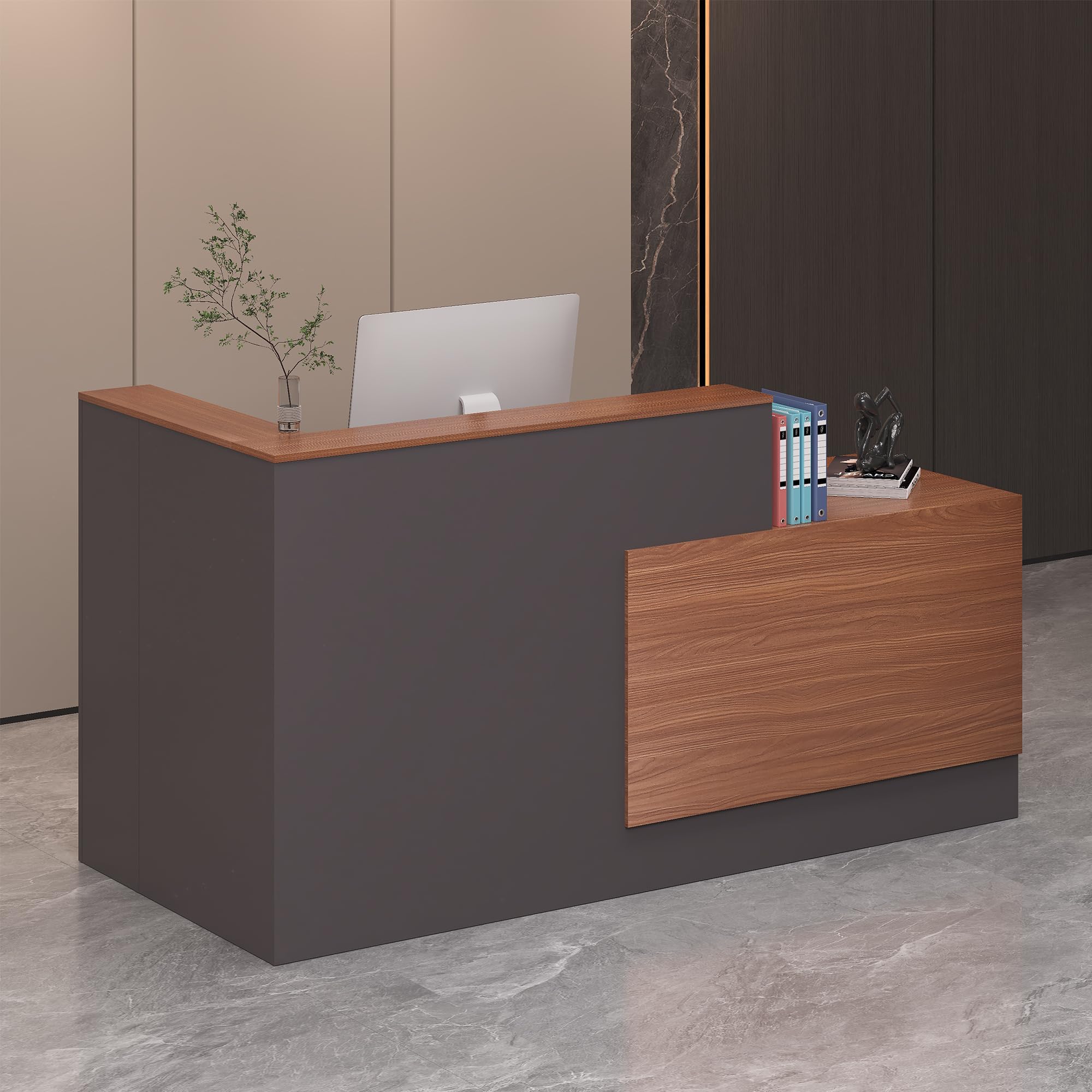 L-Shaped Reception Desk,Large Front Desk with Keyboard Tray, Lockable Drawers & File Cabinet, Receptionist Desk for Checkout,Lobby (Left L-Walnut/Slate Gray, 71''L x 23.6''W x 41.3''H)