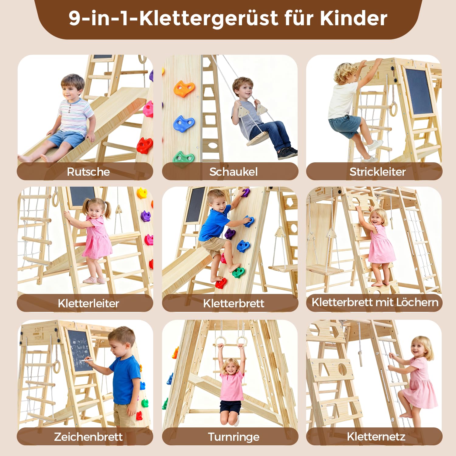 Klettergerüst Indoor mit Tafel, Groß&Klappbar, 10 in 1 Multifunktional Indoor Spielplatz für Kinder, Montessori Kletterausrüstung ab 1 Jahr, Schaukel, Rutsche, Kletterdreieck, Natur&Holz