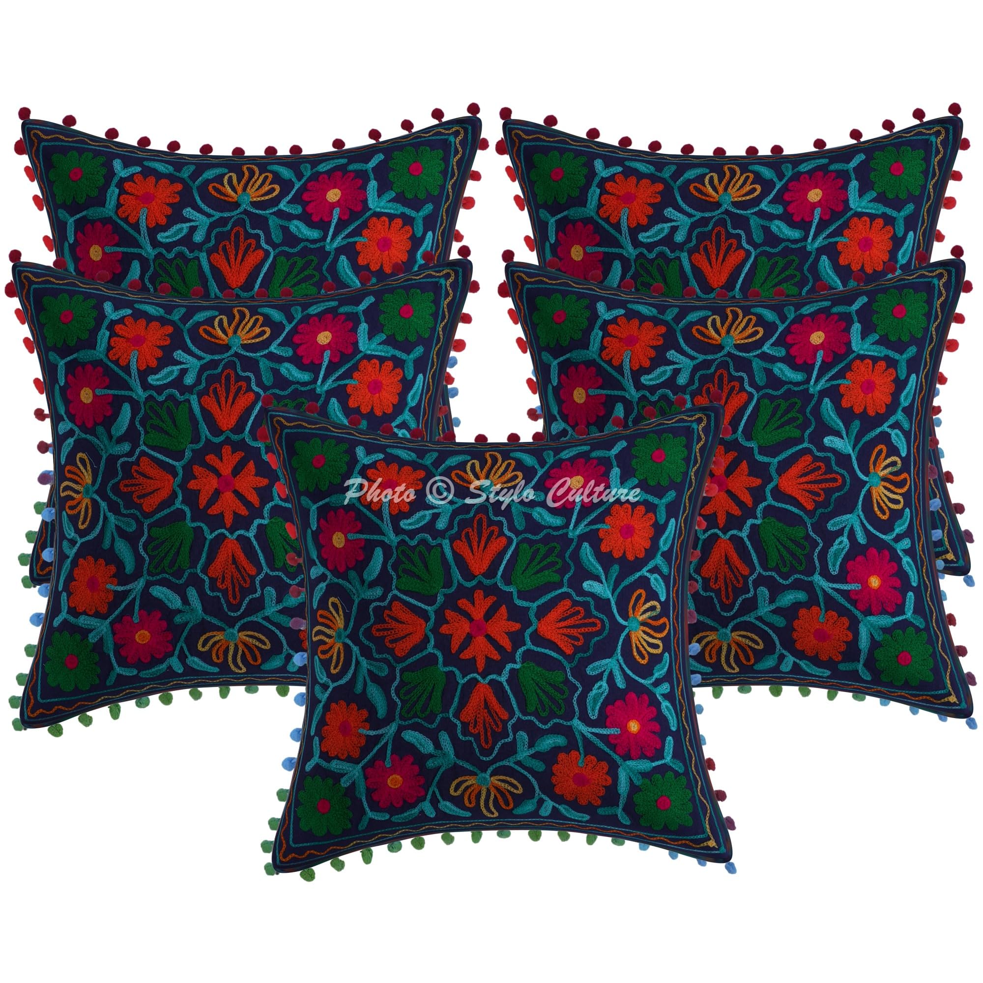 Ethnisch Dekorativ Baumwolle Couch Kissenbezüge 40x40 cm Dunkelblau Dekokissen Suzani Bestickte Pom Pom Spitze Schlafzimmer Sofa Kissen Bezüge Quadrat Blumen Kissenhullen - 5 STK.