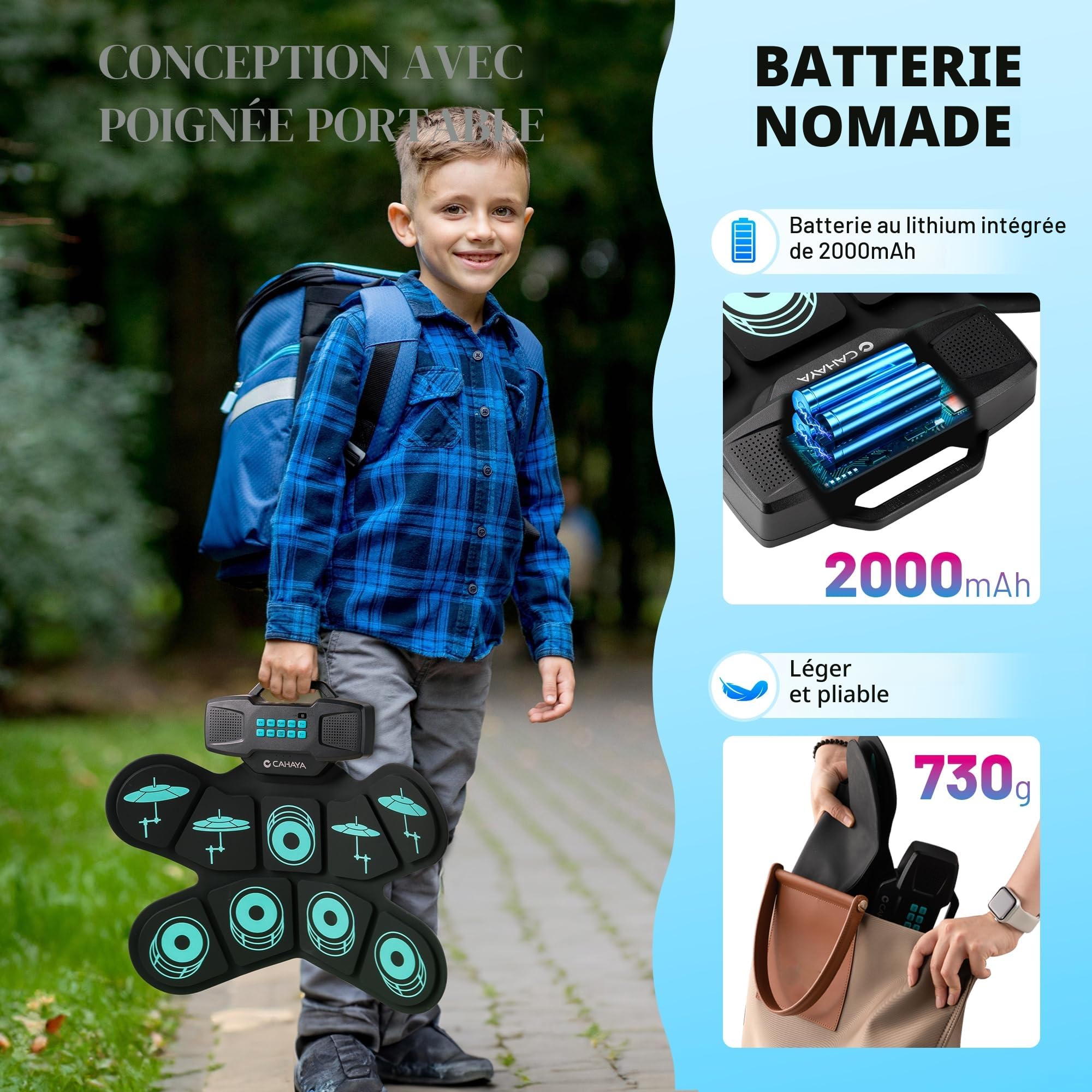 CAHAYA Kit Batterie Électronique Portable: 9 Pads Enroulables, Haut-Parleur Intégré, Compatible MIDI, Baguettes et Pédales, Bleu