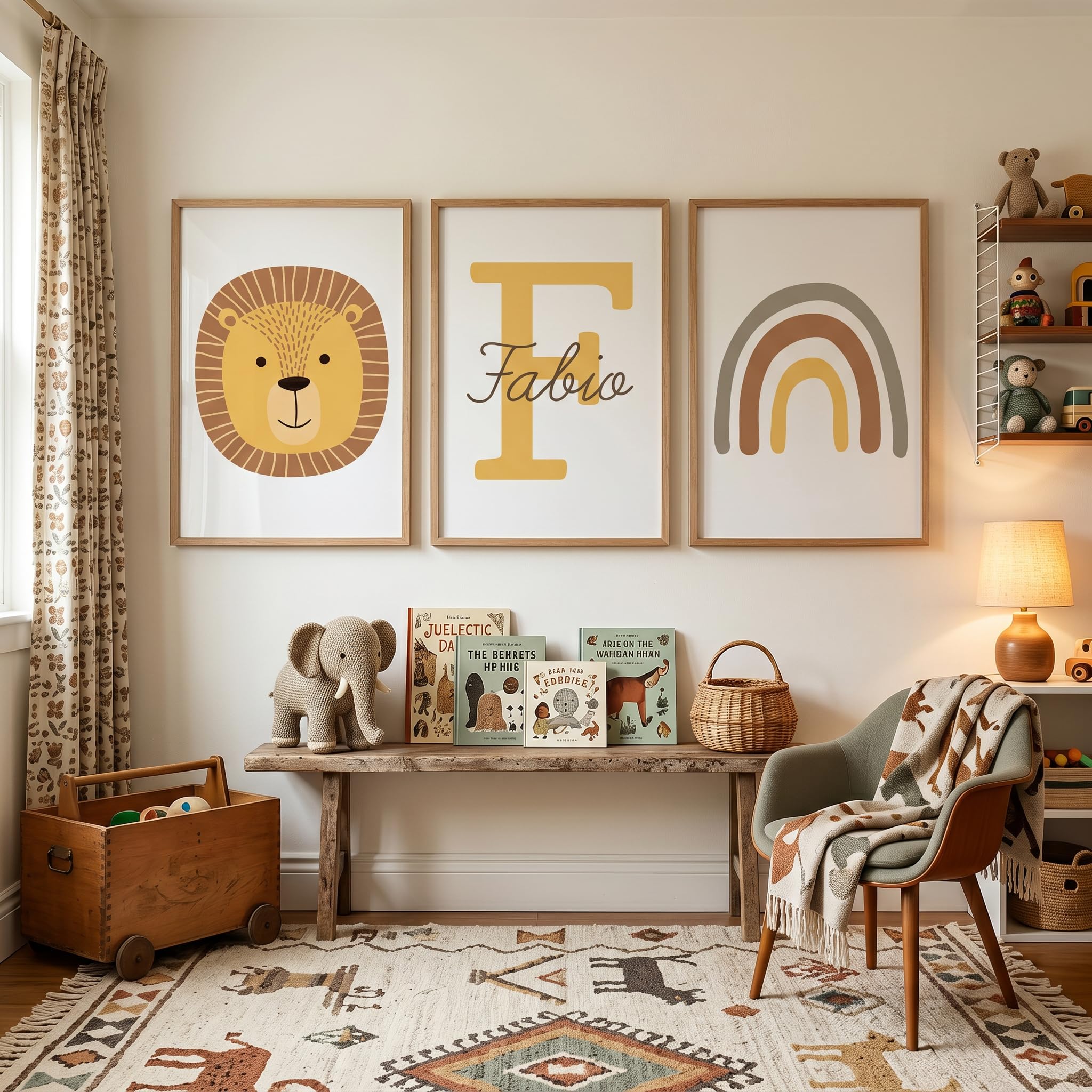 Set de 3 Cuadros Infantiles - Triptico Láminas Infantiles Personalizadas con Nombre e Inicial A3 - Decoración Habitación Bebé León y Arcoíris Boho Nordico Animales - Regalo Lienzo - Sin Marco (León)